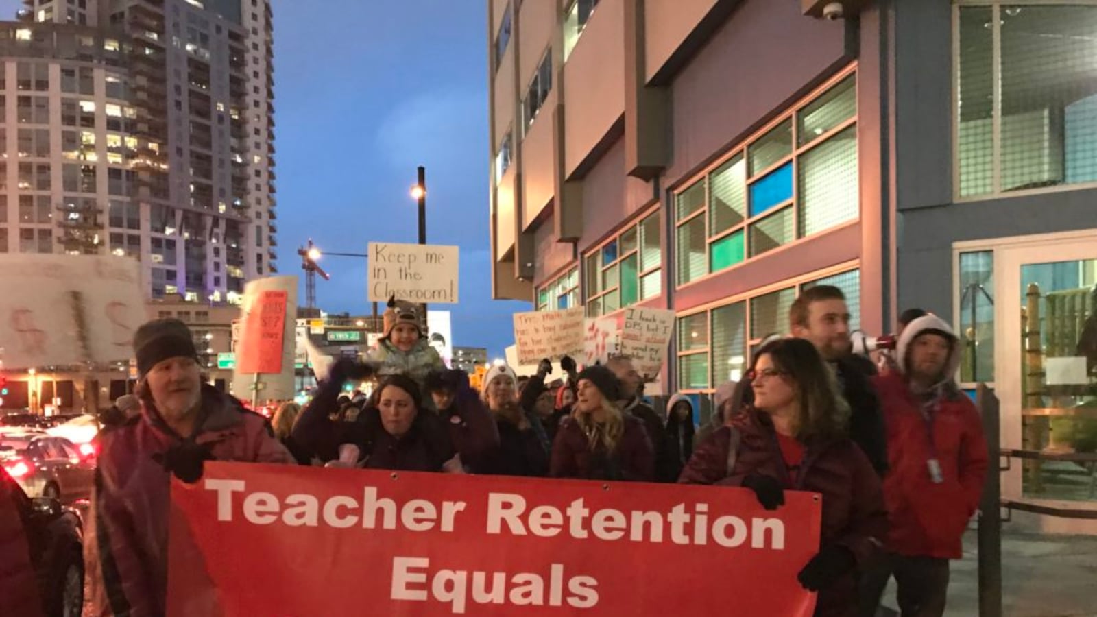 Denver teachers rally for more pay outside a school board meeting  on Jan. 24, 2019.