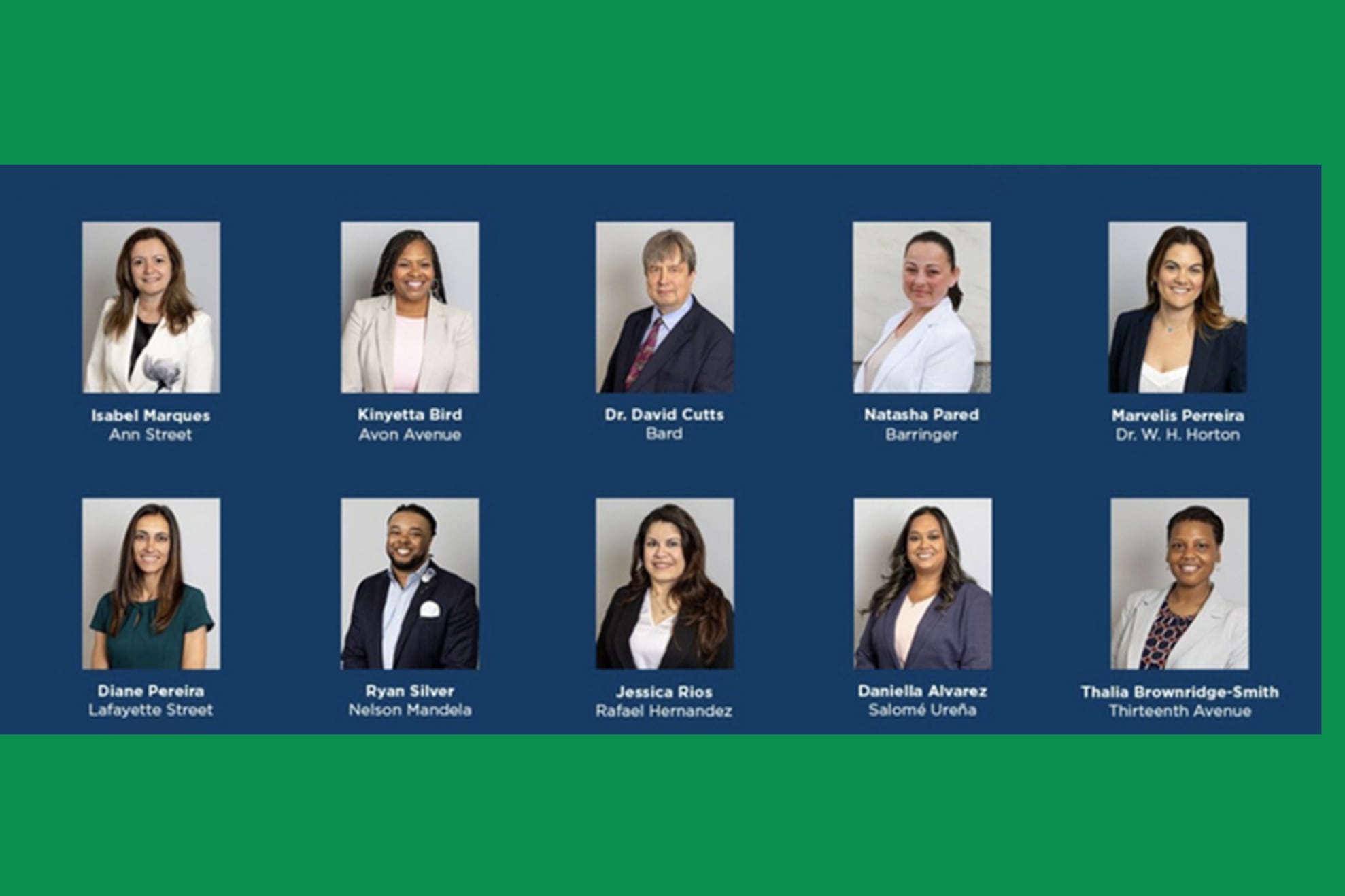 Ten pictures of people on a green and blue background.
