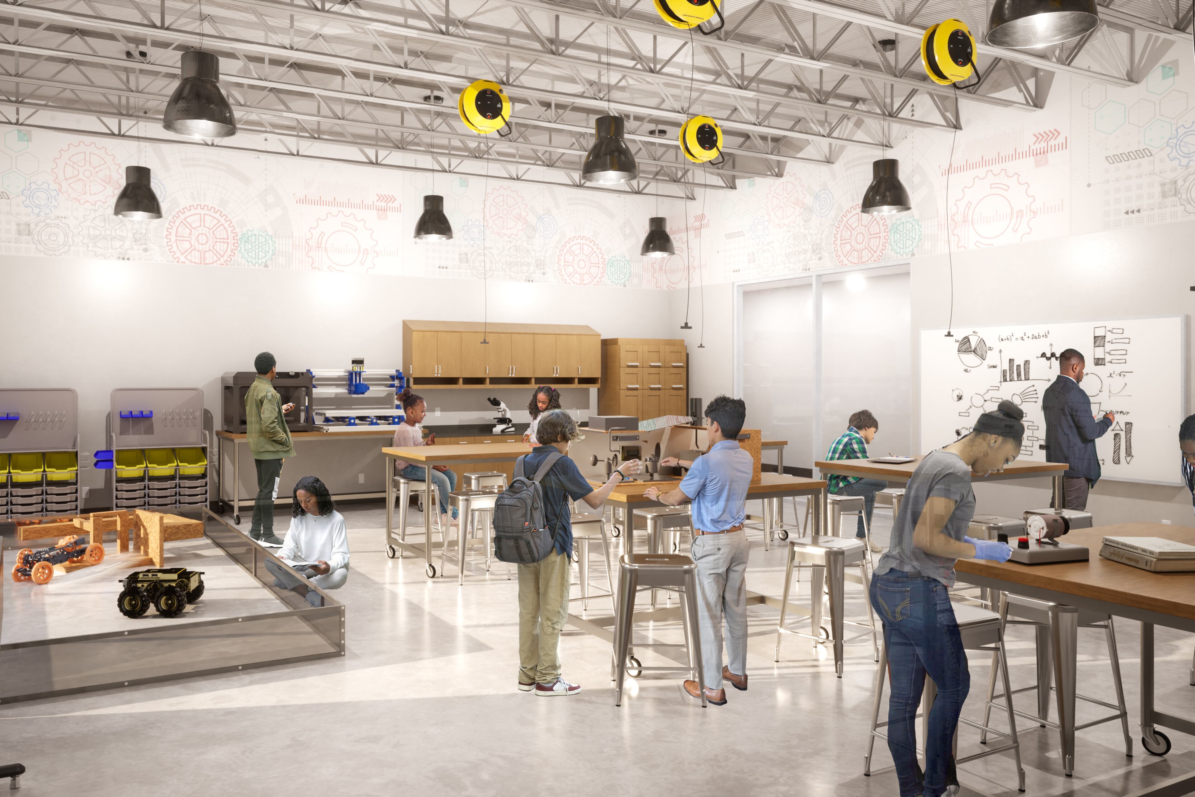An artist rendering shows a science lab with student standing at high-rise tables. In the corner is a floor pen for small robots.