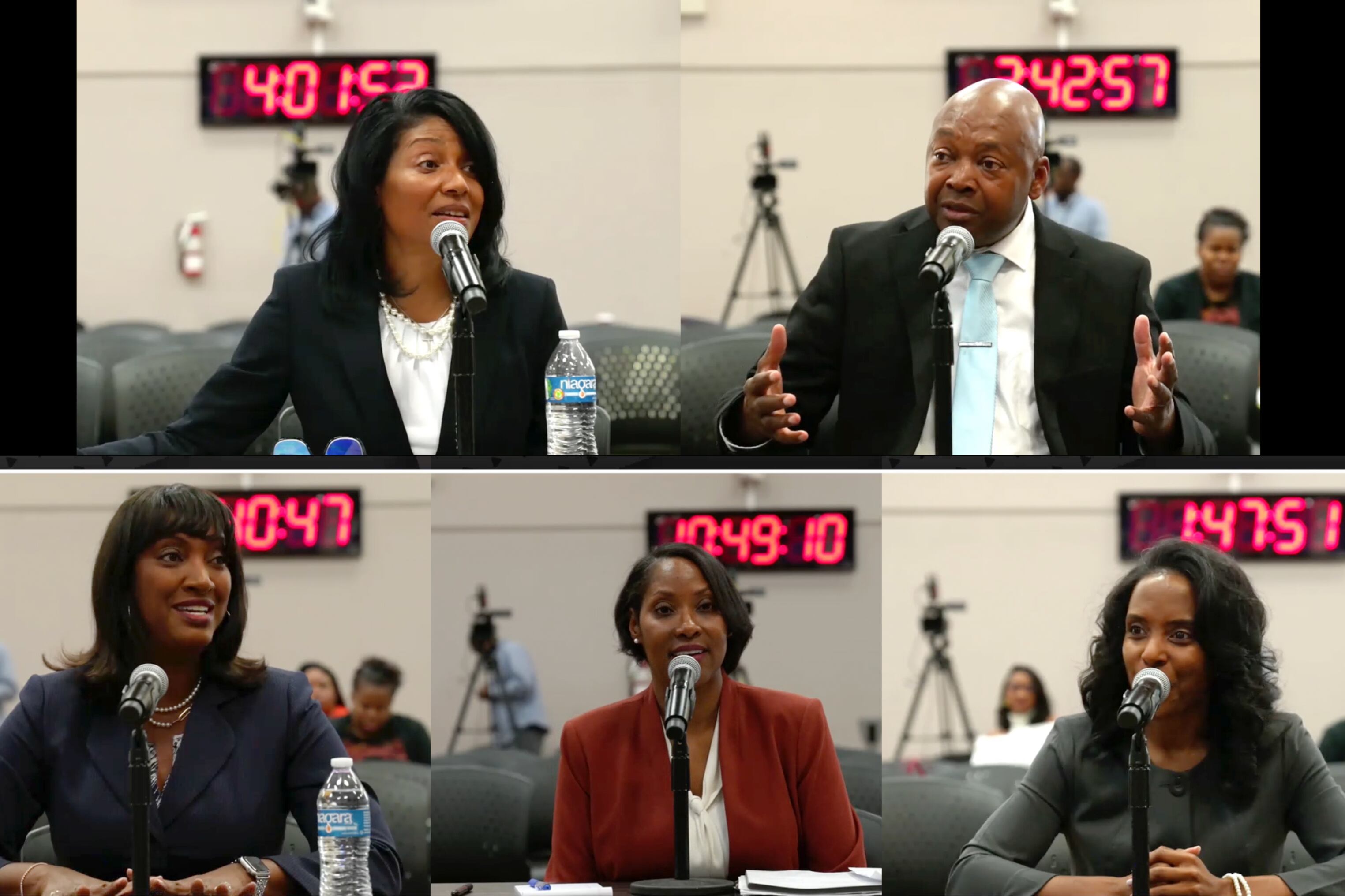 Five separate portraits of people sitting before a microphone with a red timer on the wall in the background.