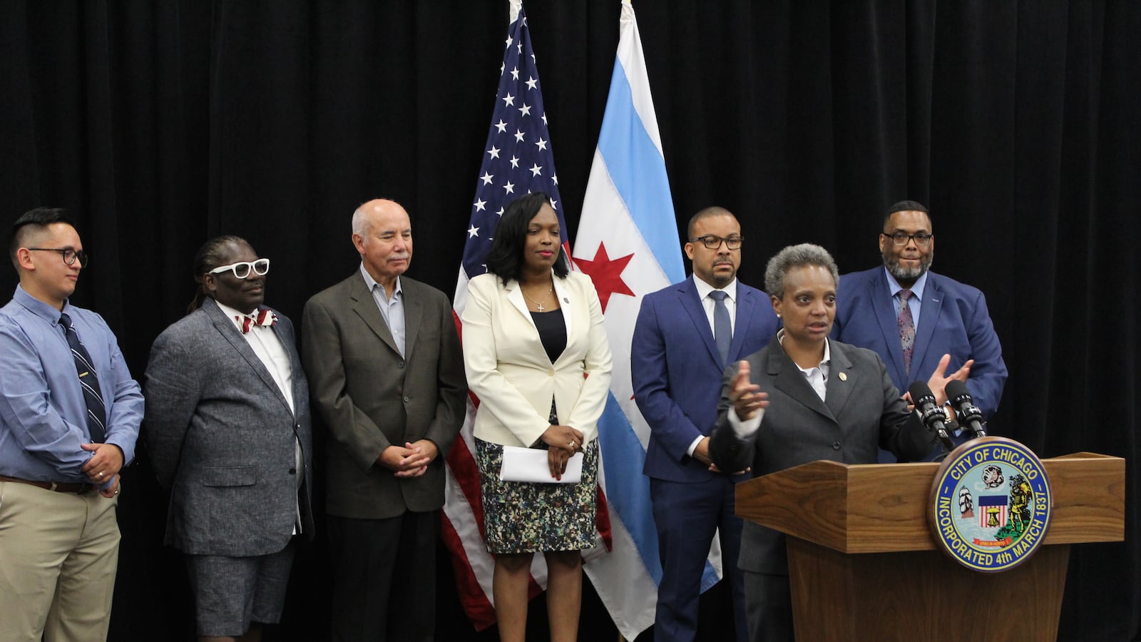 Mayor Lori Lightfoot speaks at a press conference at Michele Clark Academic Prep Magnet High School on the West Side.