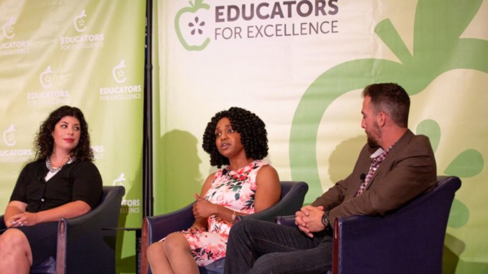 Kallie Jones (center), a Chicago Public Schools teacher, discusses results of E4E's first nationwide teacher survey