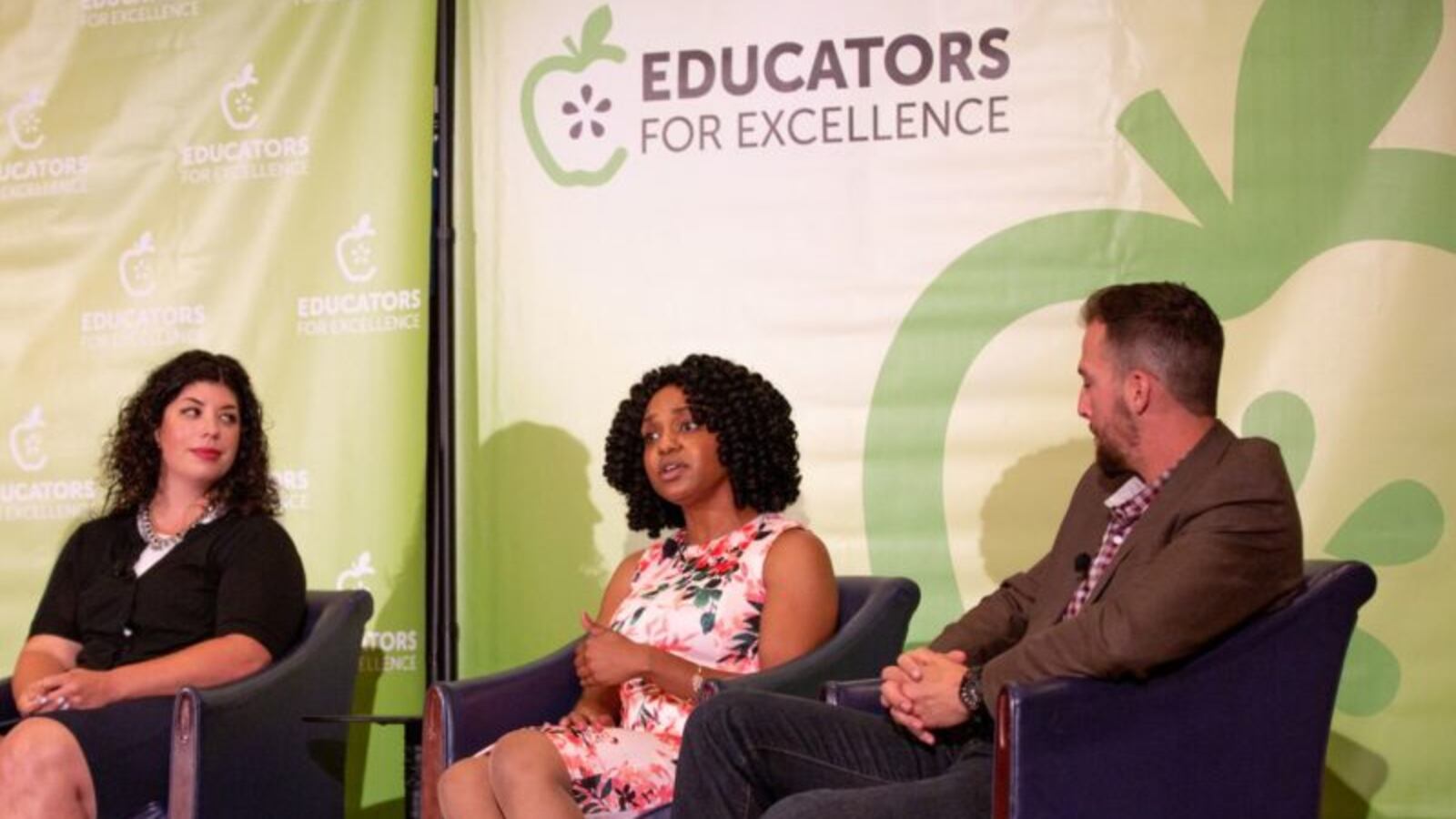Kallie Jones (center), a Chicago Public Schools teacher, discusses results of E4E's first nationwide teacher survey