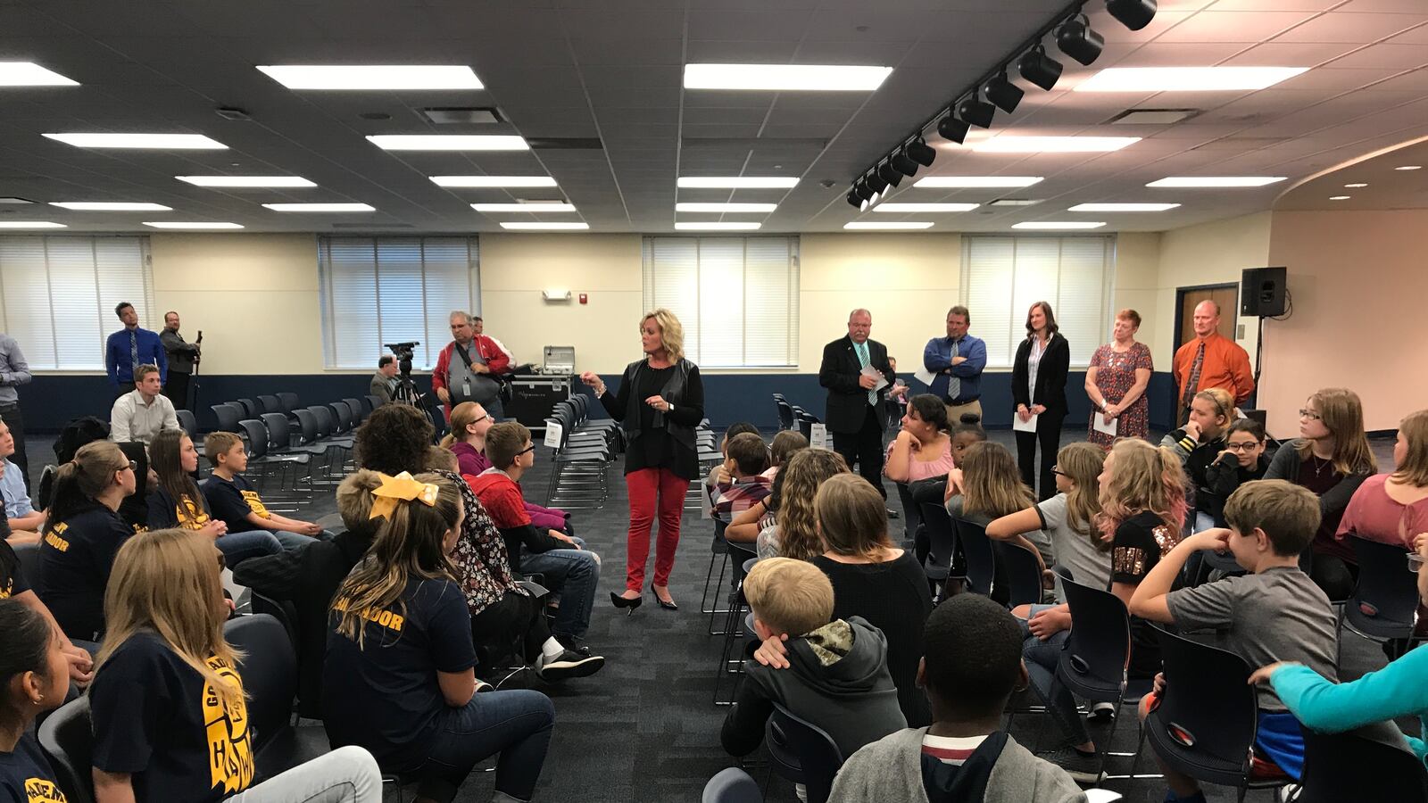 State Superintendent Jennifer McCormick greets elementary school students in Decatur Township.