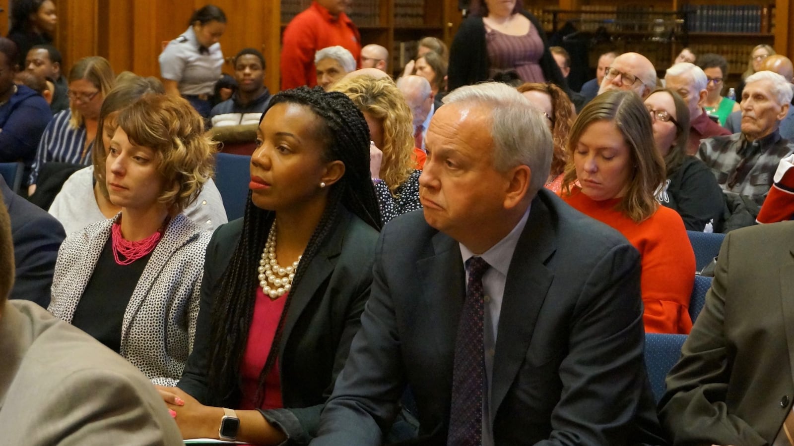 IPS Superintendent Aleesia Johnson sat with Bart Peterson, CEO of Christel House International, at the Indiana State Board of Education meeting. Christel House will run one of the school's returned to local control.