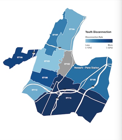 A map of Newark showing the different zip codes in different tones of blue and grey on a white background.