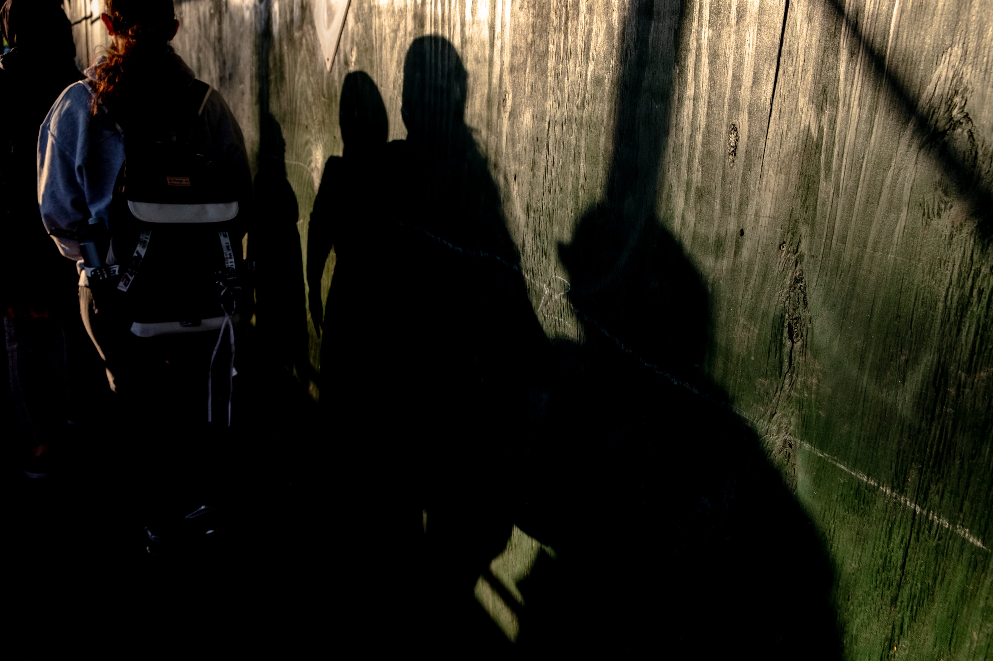 The back of a student and shadows of people on a green wall.