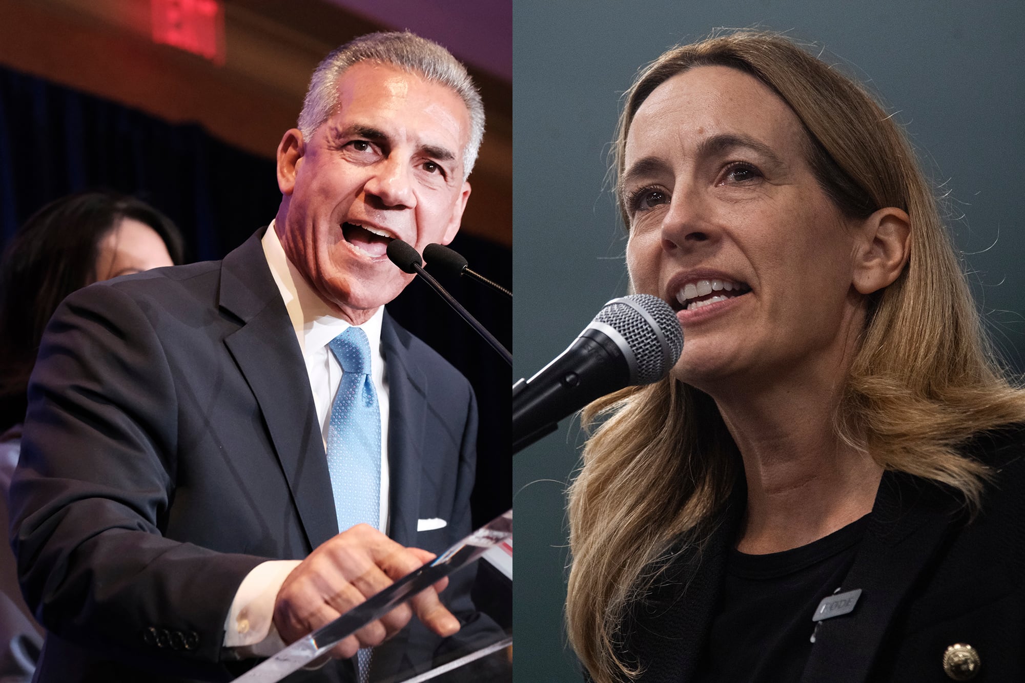 A diptych of two photographs, each featuring an adult speaking from a podium.