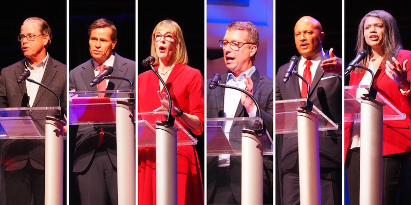 six photos of six people speaking at a microphone