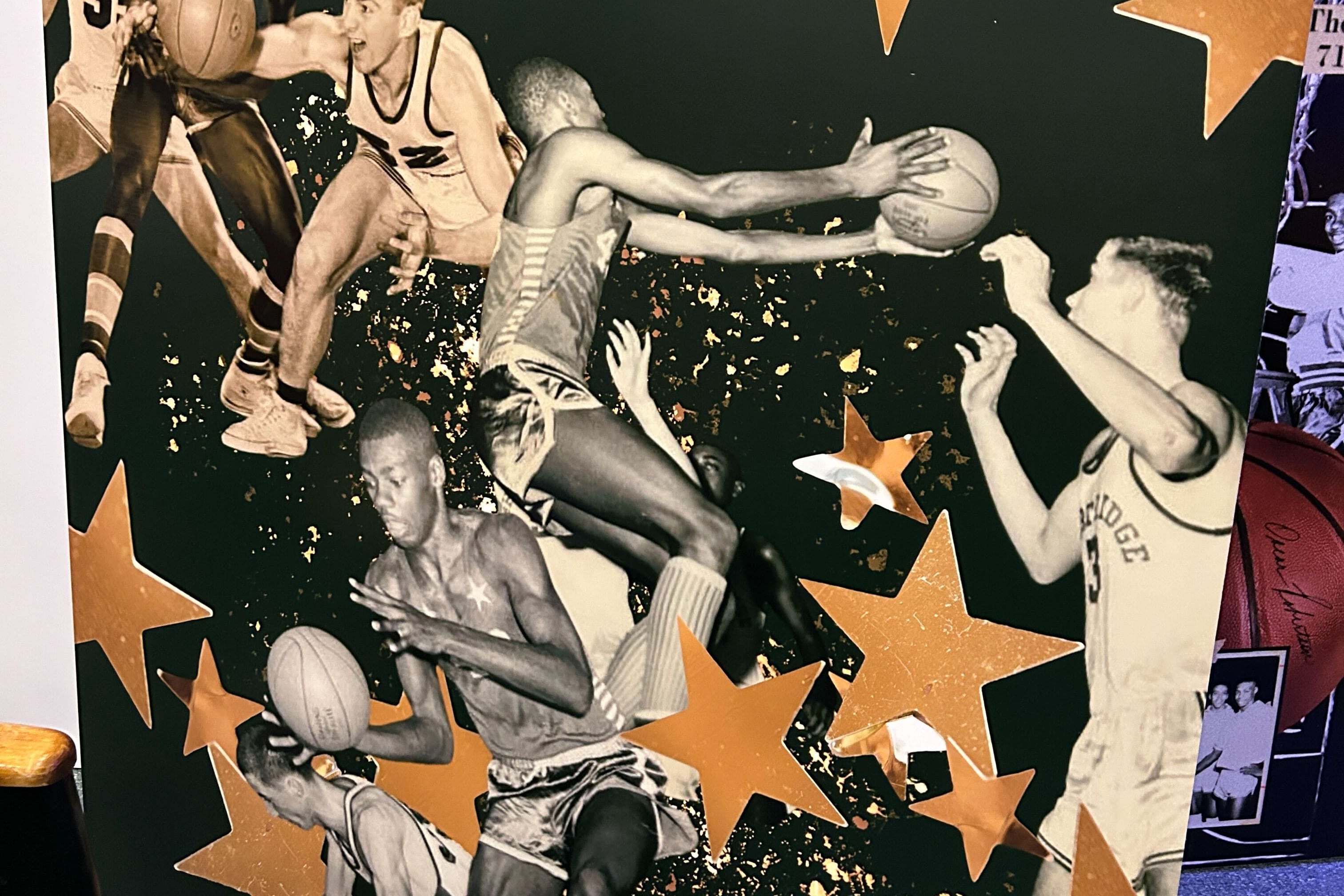 A collage of black and white photos of basketball players with gold stars and newspaper print at the top that reads "Robertson Cracks All-Time Point Mark."