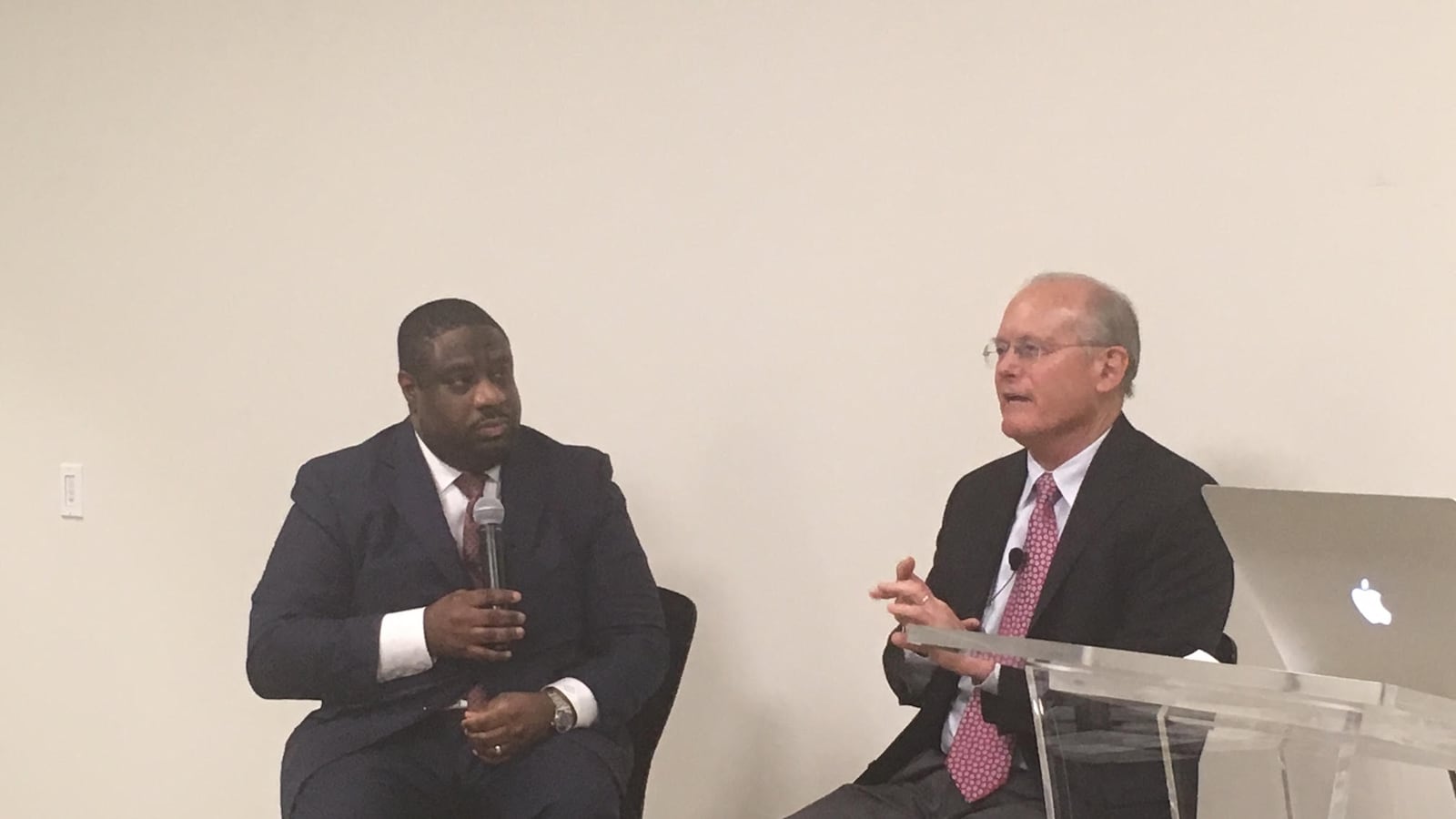 Marcus Robinson, left, CEO of Memphis Education Fund and author David Osborne at an event Tuesday in Crosstown Concourse.