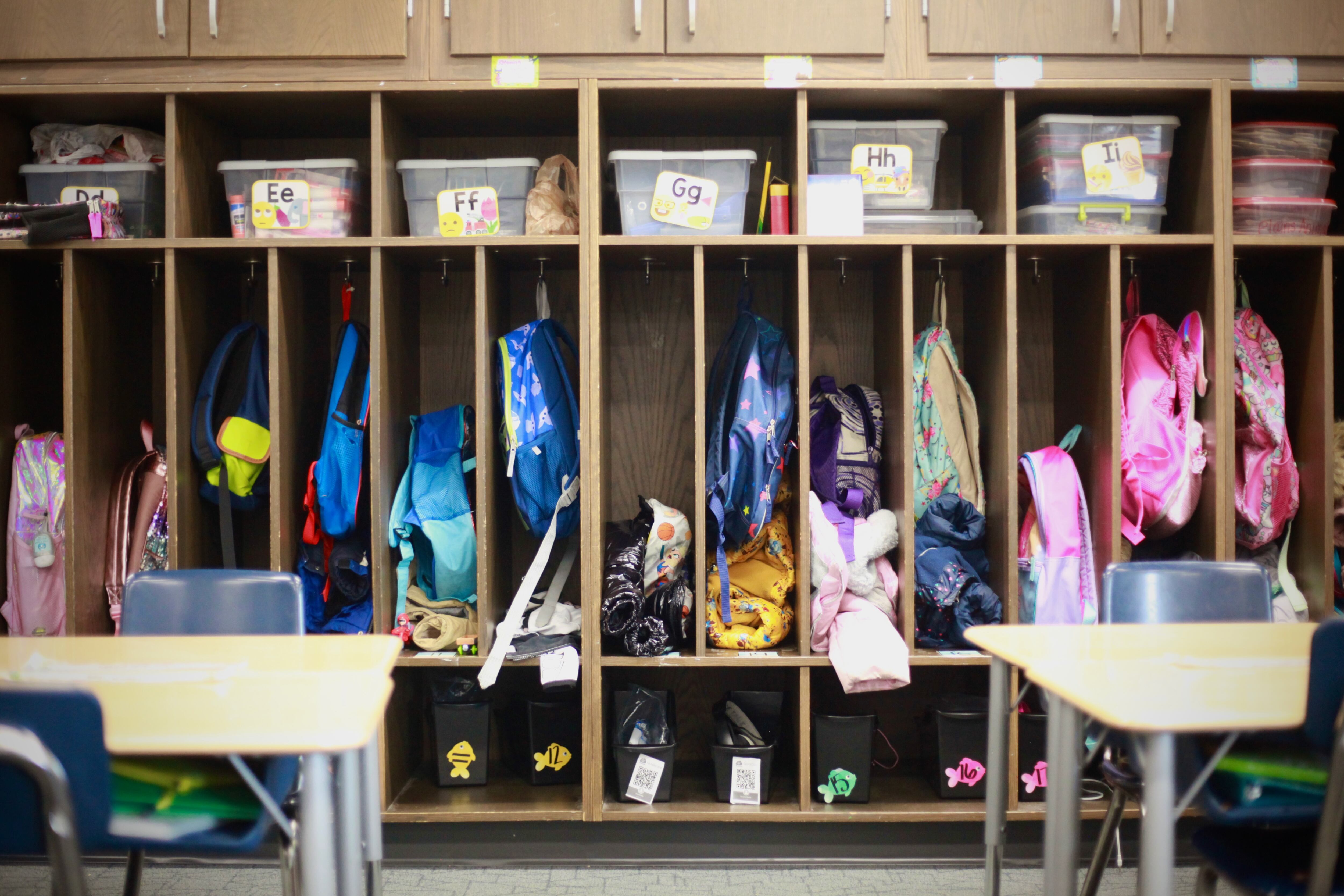 Coats, bags, and other things in student lockers.