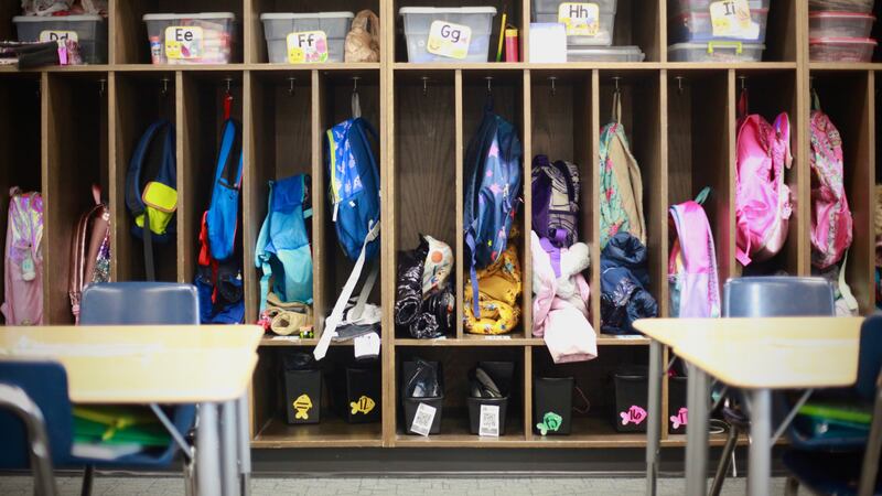 Coats, bags, and other things in student lockers.