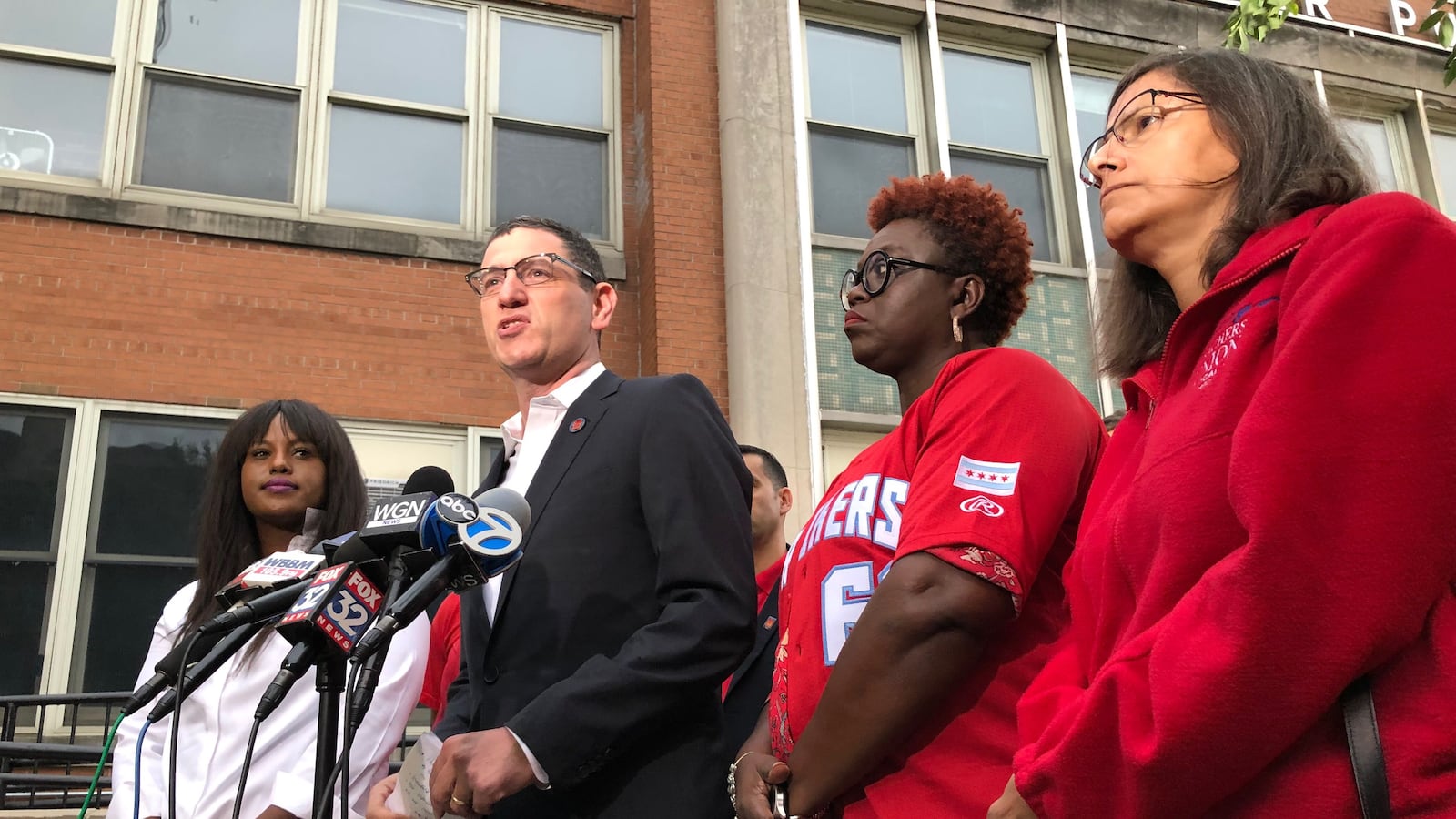 Jesse Sharkey, president of the Chicago Teachers Union, spoke in August 2019 at a press conference after the union rejected a neutral fact-finder's proposal, officially launching a countdown to a strike.