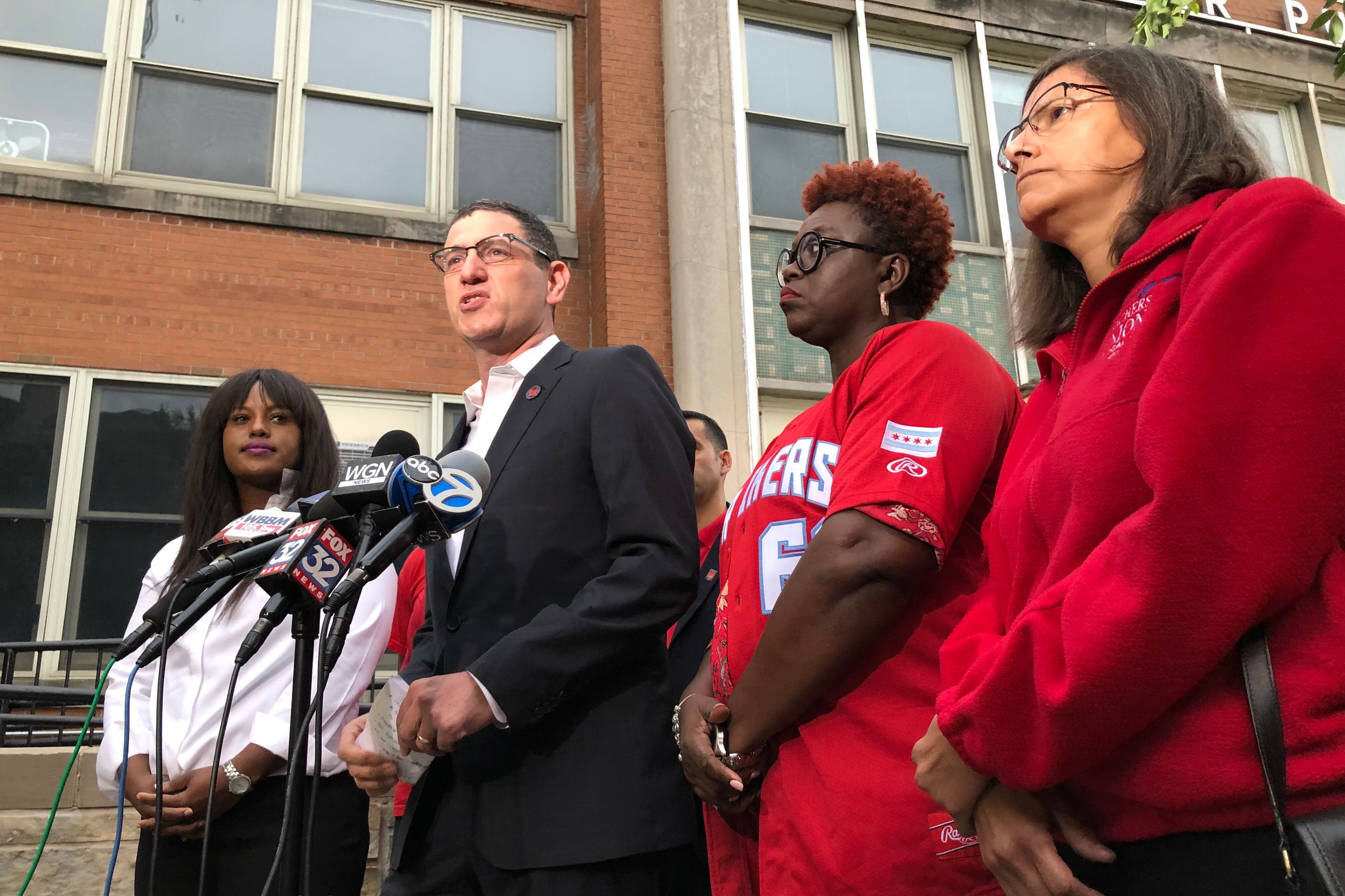 Jesse Sharkey, president of the Chicago Teachers Union, spoke in August 2019 at a press conference after the union rejected a neutral fact-finder's proposal, officially launching a countdown to a strike.