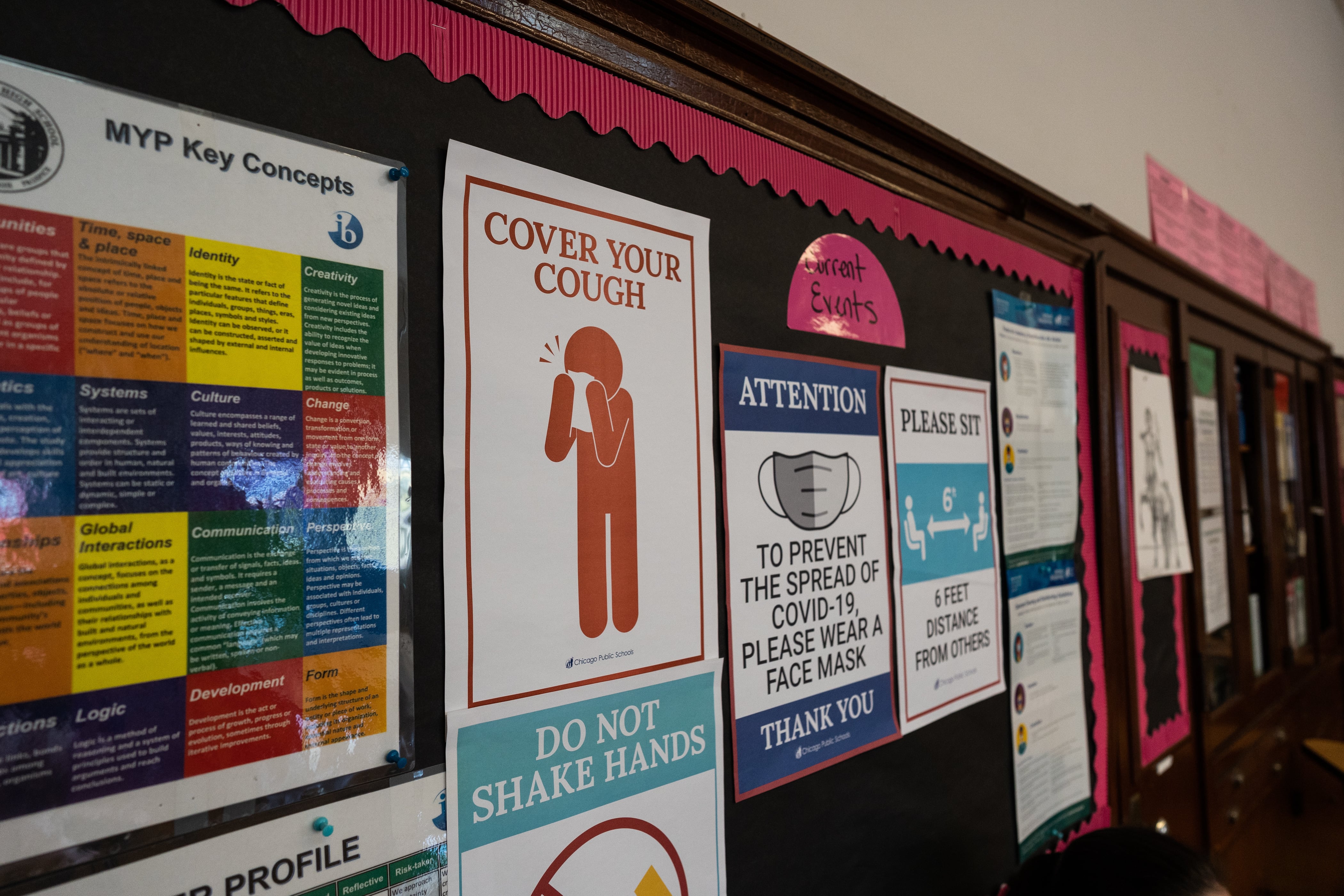 COVID-19 safety guidelines are seen in a classroom at Senn High School on April 23, 2021.