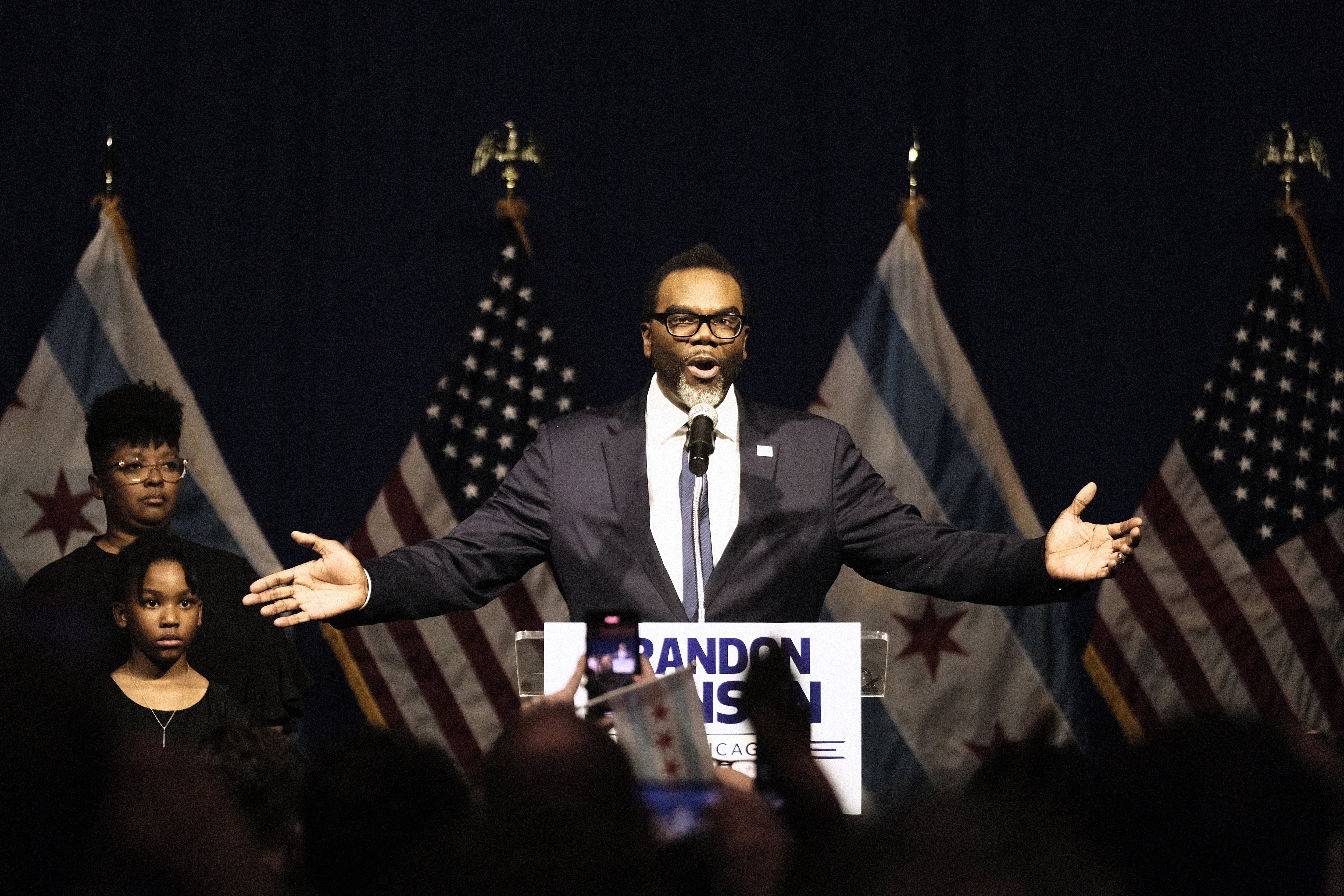 Union organizer and Cook County Commissioner Brandon Johnson speaks after being projected winner as mayor on April 4, 2023 in Chicago, Illinois.