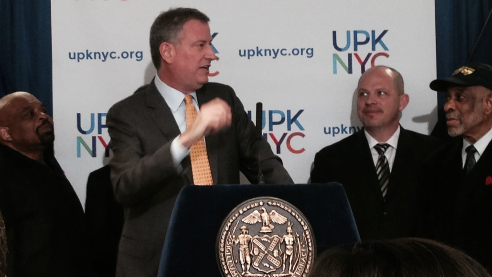 Mulgrew alongside Mayor Bill de Blasio this morning at a press conference to announce labor support for his pre-kindergarten tax plan.