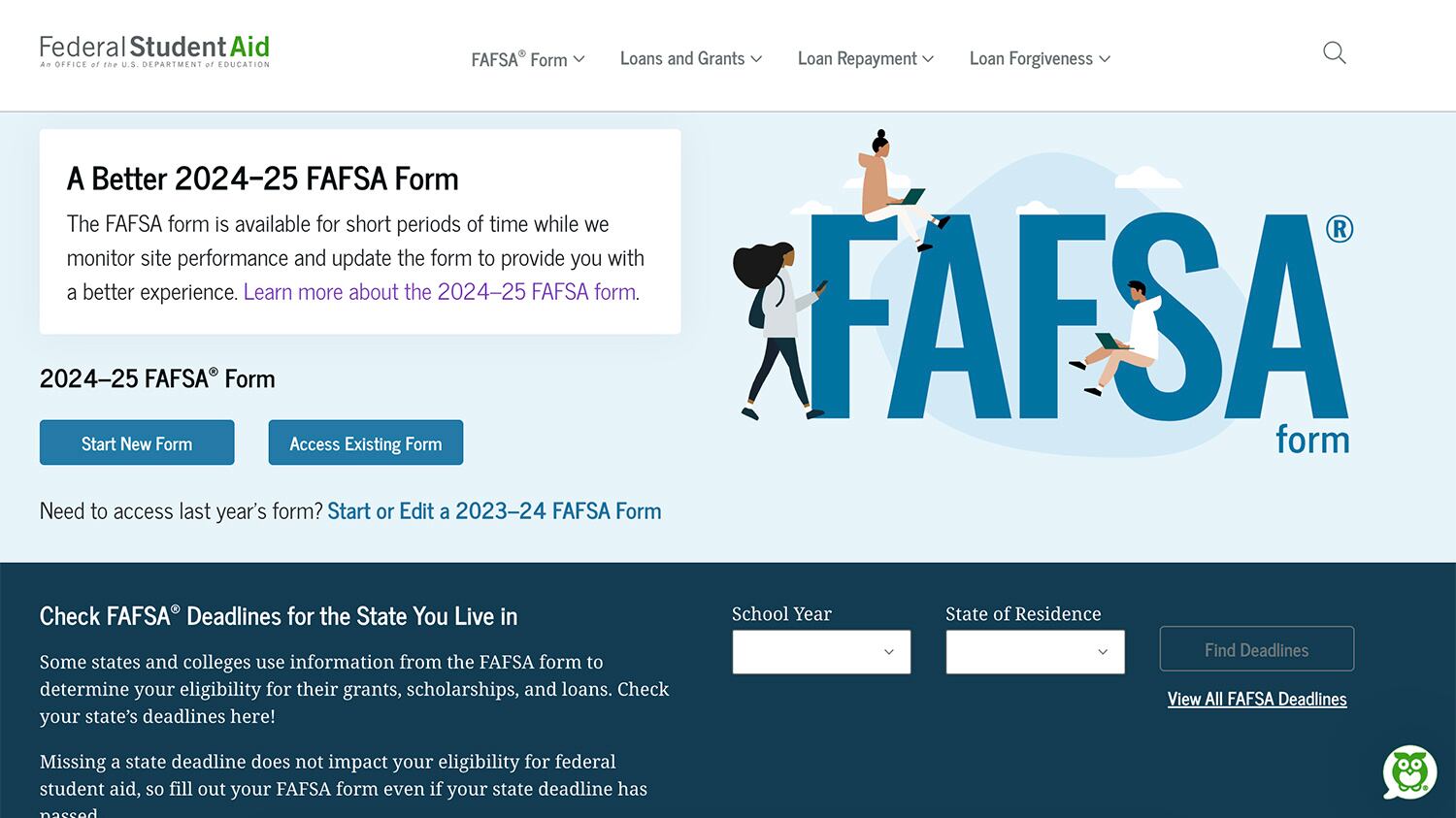 A screenshot of the Federal Student Aid website with information on how to start to fill out the FAFA form. The website is white with different shades of blue.