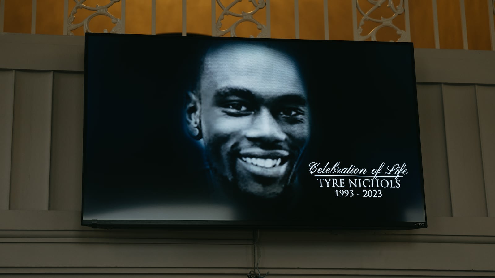 A screen at the entrance of Mississippi Boulevard Christian Church displays the celebration of life for Tyre Nichols.