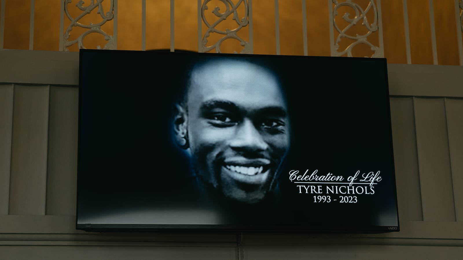 A screen at the entrance of Mississippi Boulevard Christian Church displays the celebration of life for Tyre Nichols.