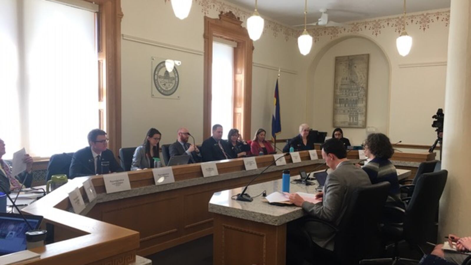 Democratic Reps. Dafna Michaelson Jenet, in the foreground, right, and Dylan Roberts, left, present a bill aimed at curbing Colorado youth suicide to the House Public Health Care and Human Services Committee on Feb. 20, 2019.