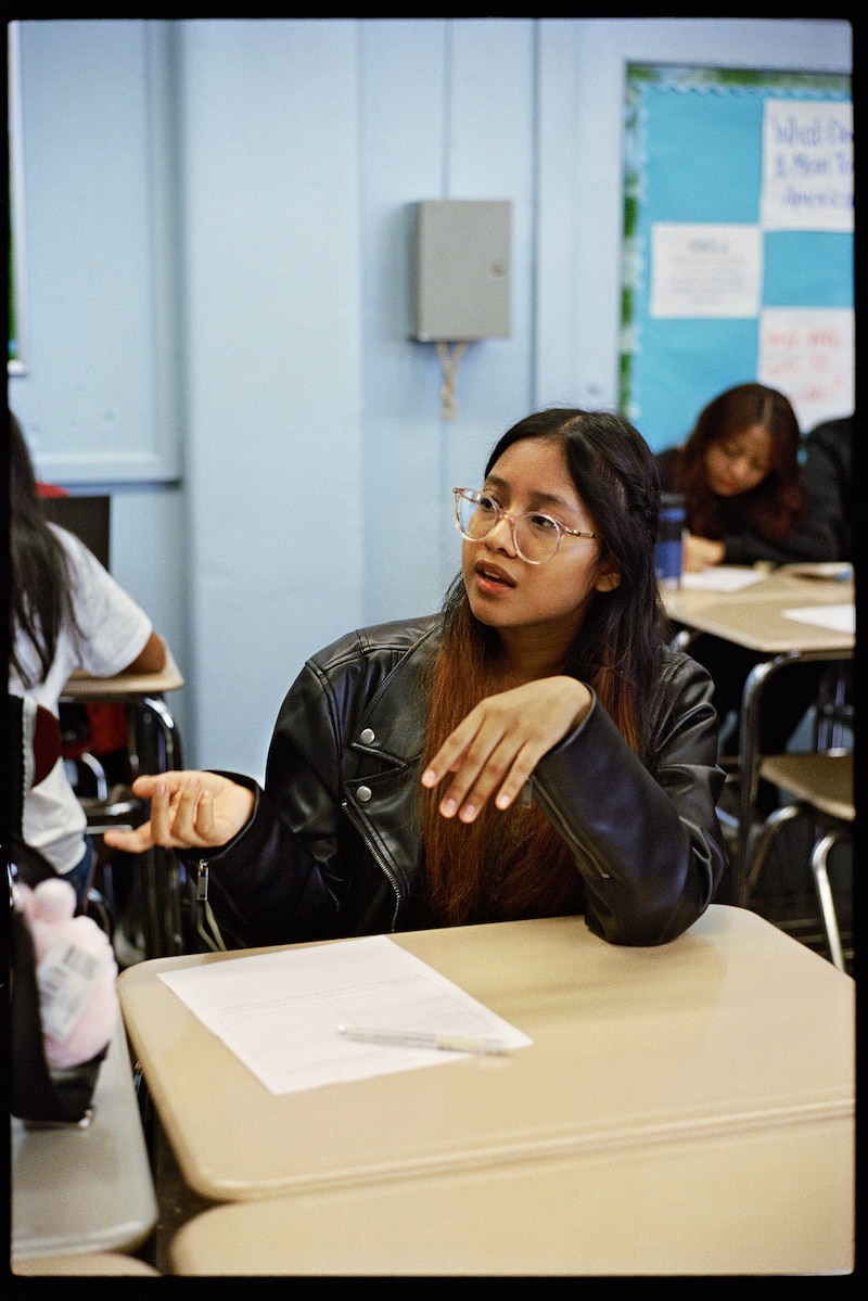 Student Melanie Quizhpe of Mahir Syed's 12th grade Participation in Government class at the High School for Health Professions and Human Services on Friday, October 11, 2024 in Manhattan, New York.