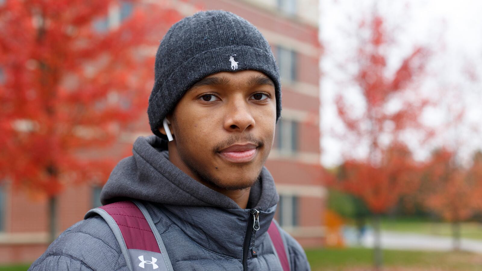 Central Michigan University freshman, Demetrius Robinson Jr., poses for a photograph outside his dorm on Wednesday, Oct. 30, 2019 at the CMU campus in Mt. Pleasant, Mich.