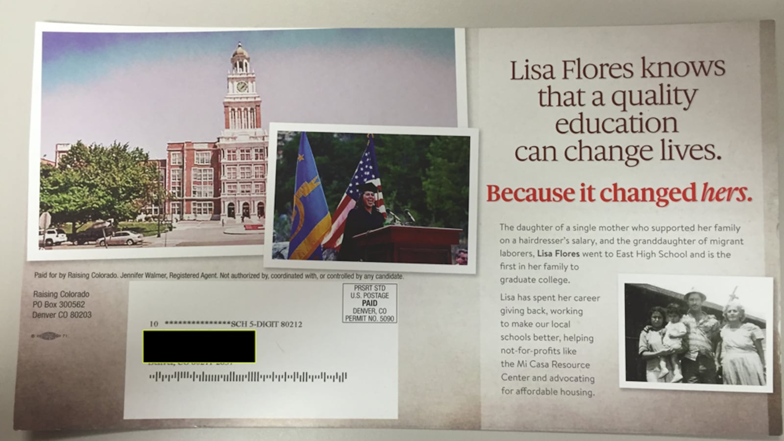 A Raising Colorado mailer supporting northwest Denver school board candidate Lisa Flores (Chalkbeat Colorado)