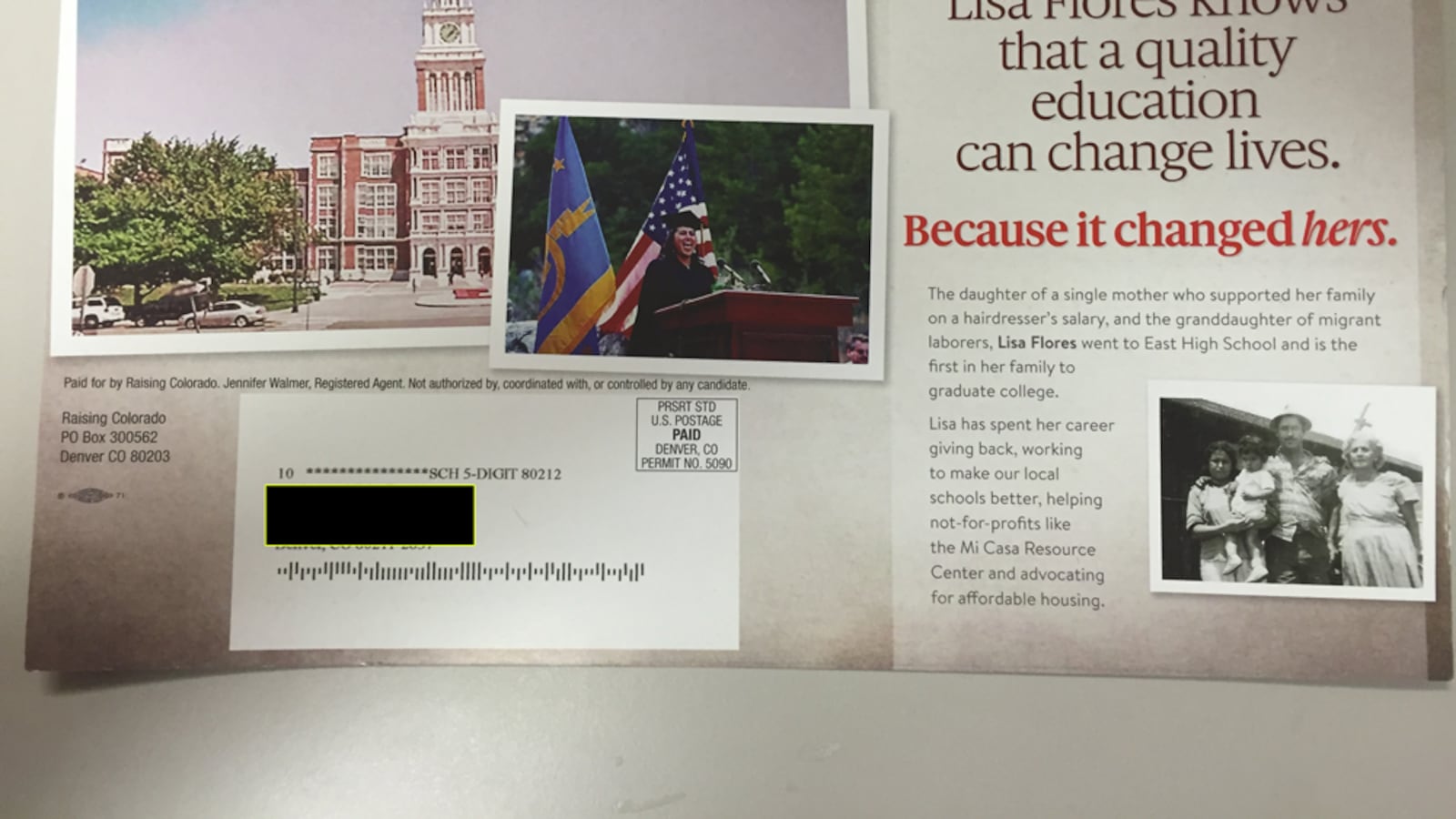 A Raising Colorado mailer supporting northwest Denver school board candidate Lisa Flores (Chalkbeat Colorado)
