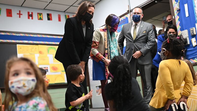 U.S. Vice President Kamala Harris, Education Secretary Miguel Cardona (R), and US Representative Rosa DeLauro (C) visit a classroom in the West Haven Child Development Center in West Haven, Connecticut on March 26, 2021.