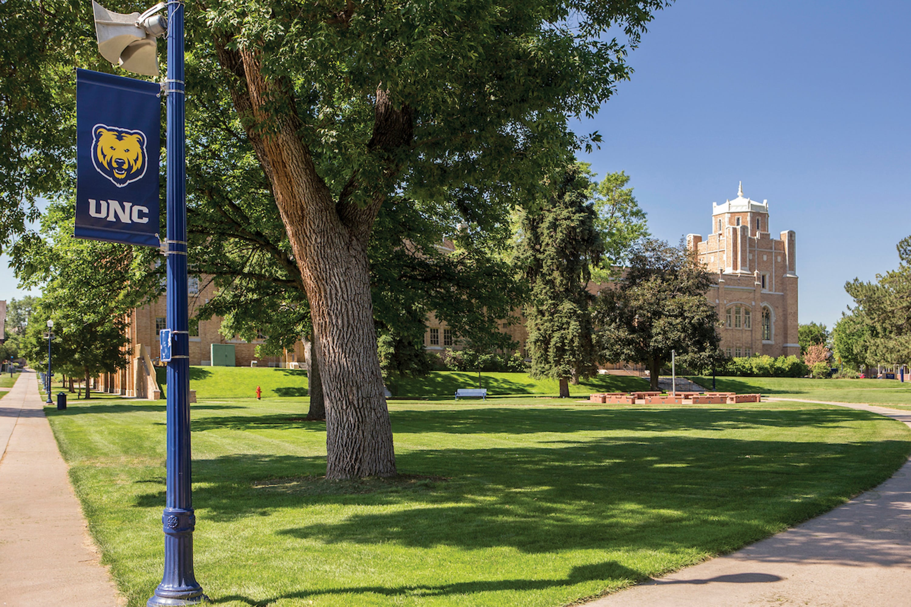 A green lawn, and on the far end, there's a brown building.