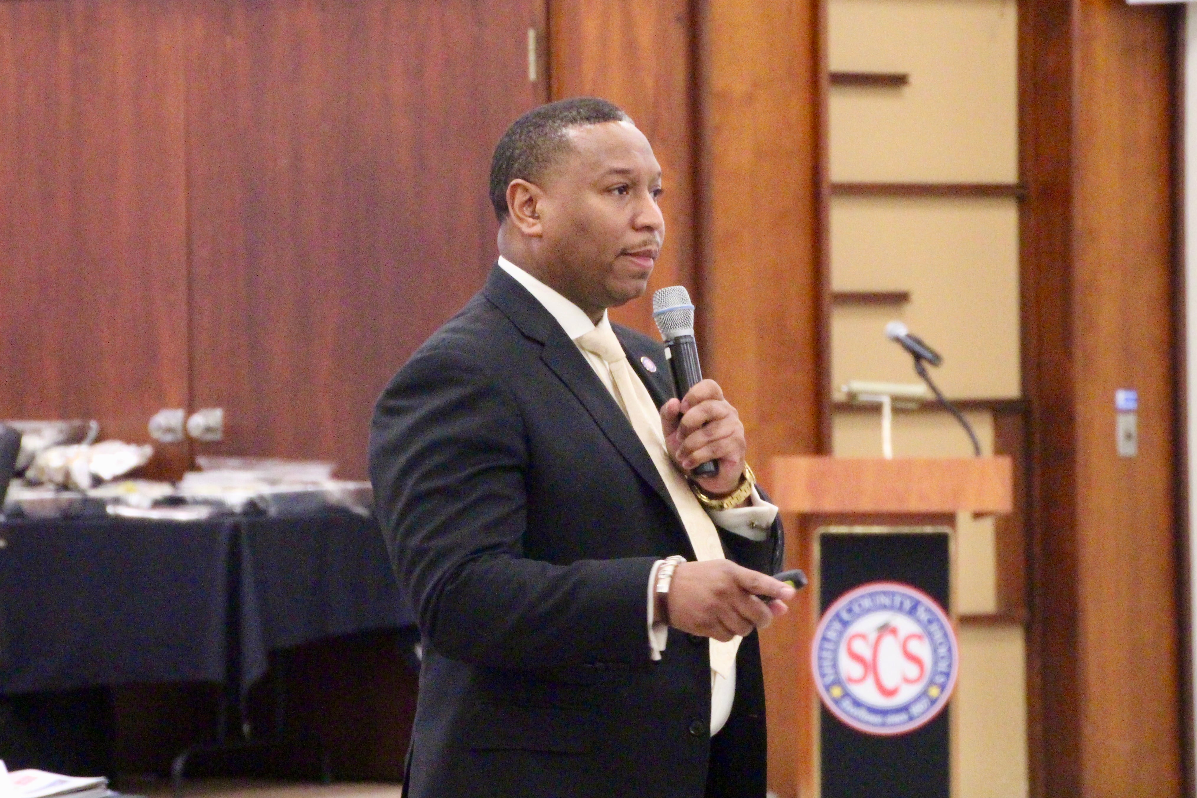 Interim superintendent Joris Ray presents before the Shelby County Commission during a budget preview last week.