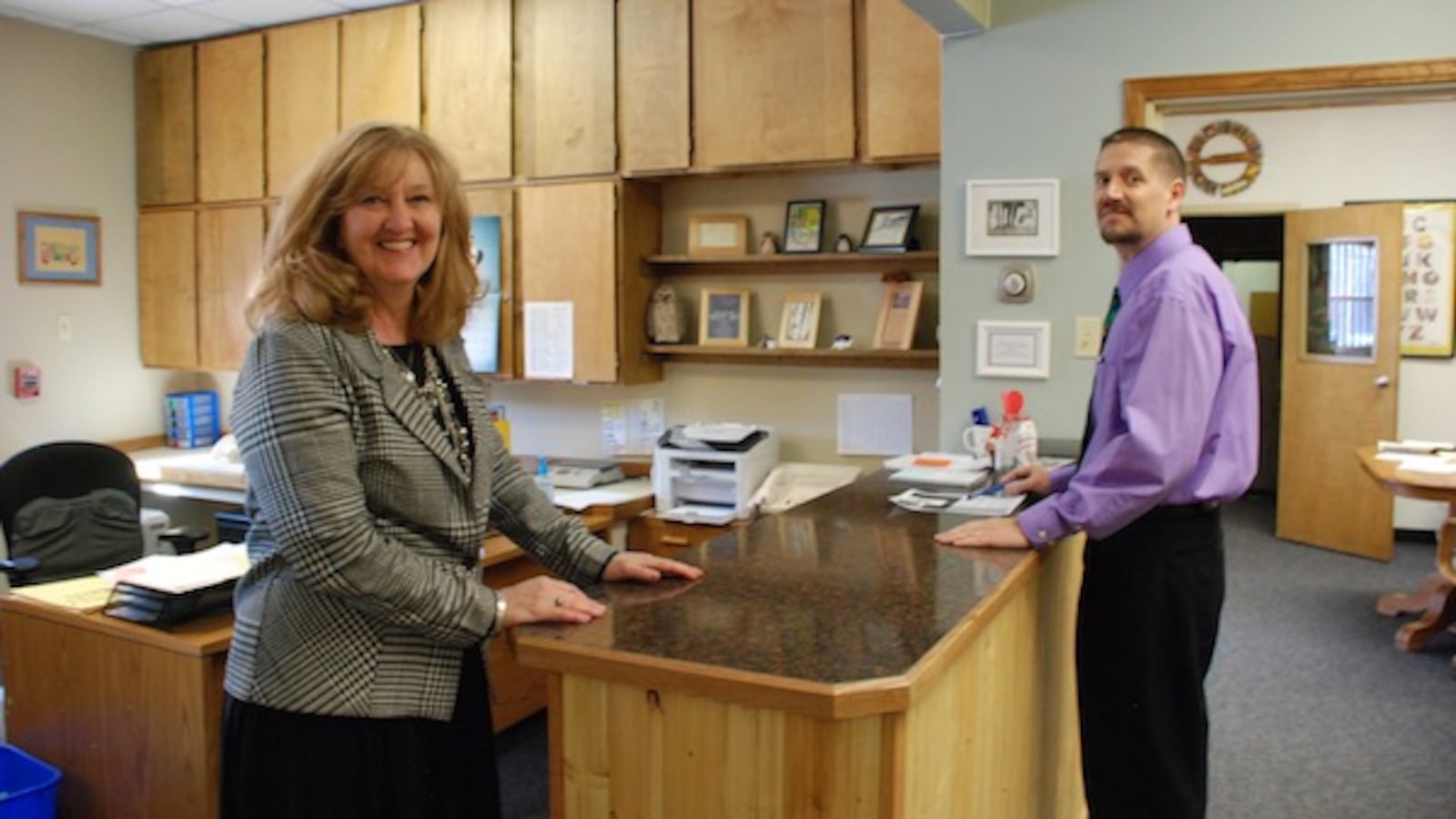 Lauren Kelso, Mountain Valley's principal, and Corey Doss, the  superintendent, in the district's main office.