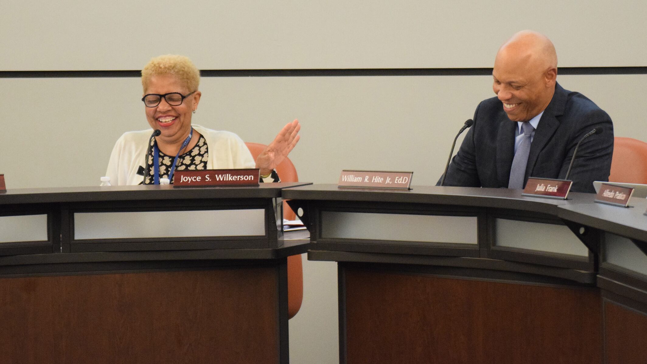 School Board President Joyce Wilkerson and Superintendent Hite joke during introductory remarks