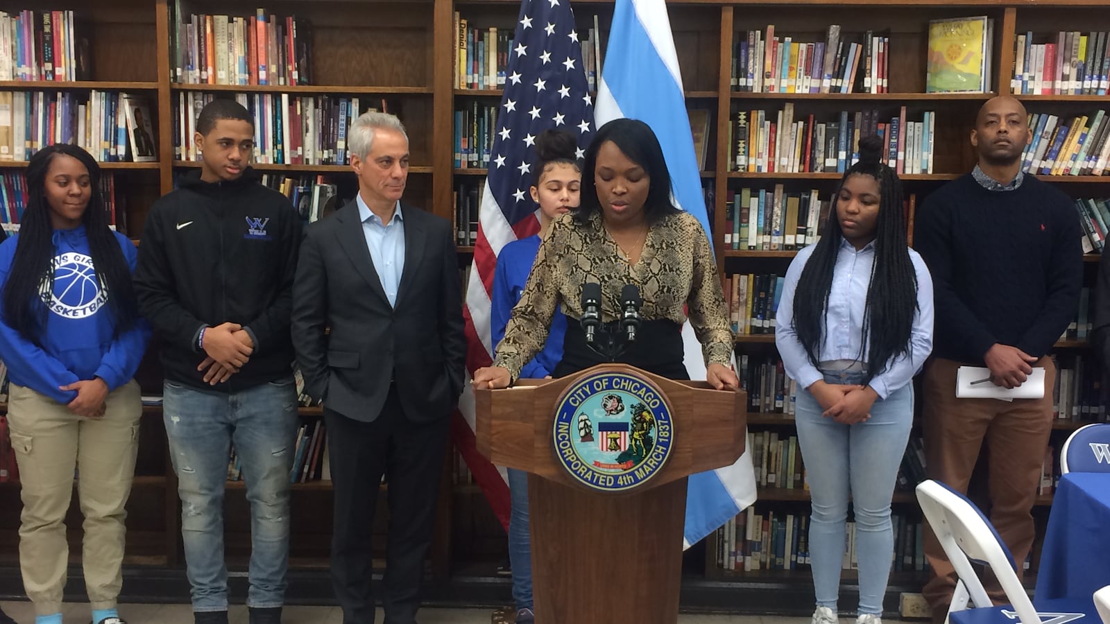 Schools chief Janice Jackson and Mayor Rahm Emanuel visited Wells High School on Feb. 8 to announce the unveiling of "Learn. Plan. Succeed." progress reports.