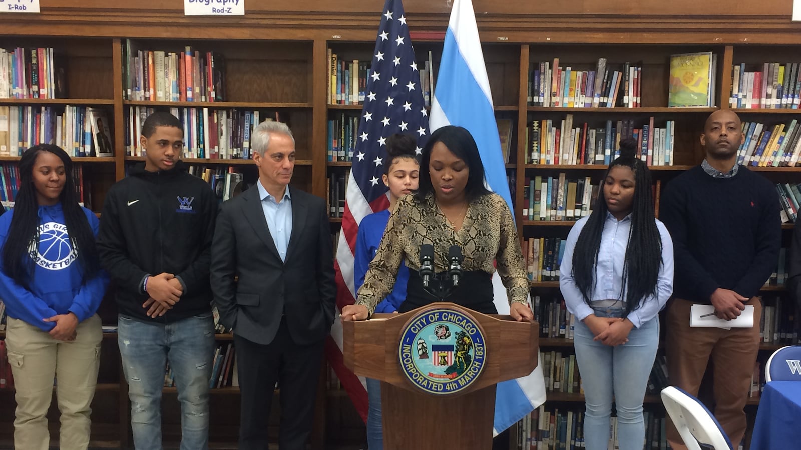 Schools chief Janice Jackson and Mayor Rahm Emanuel visited Wells High School on Feb. 8 to announce the unveiling of "Learn. Plan. Succeed." progress reports.