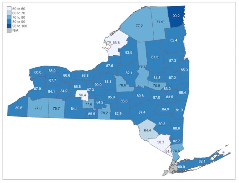 In shades of blue, this map shows receipt of one MMR dose by 2 years of age.