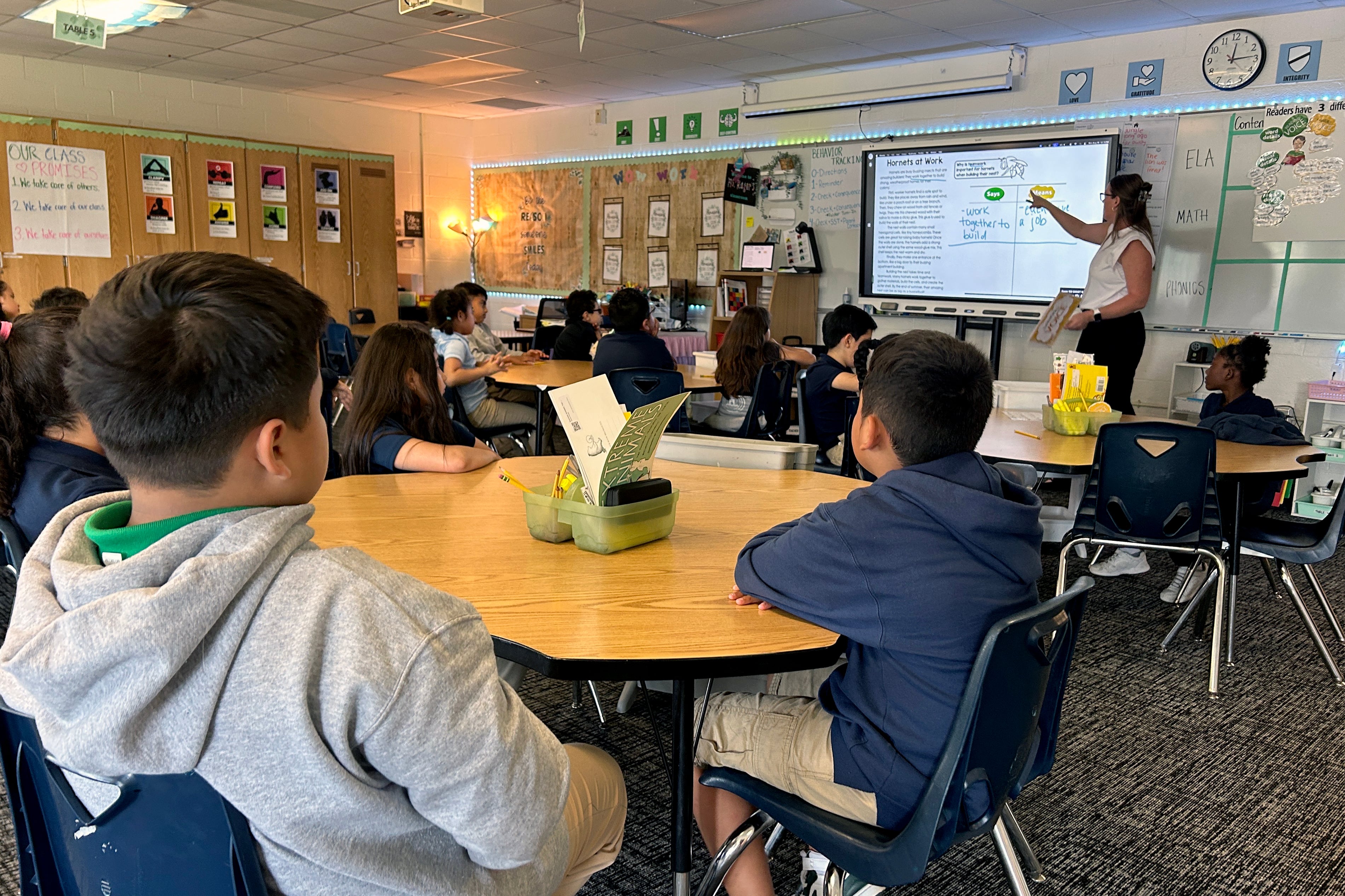A photograph of an elementary class in a classroom.