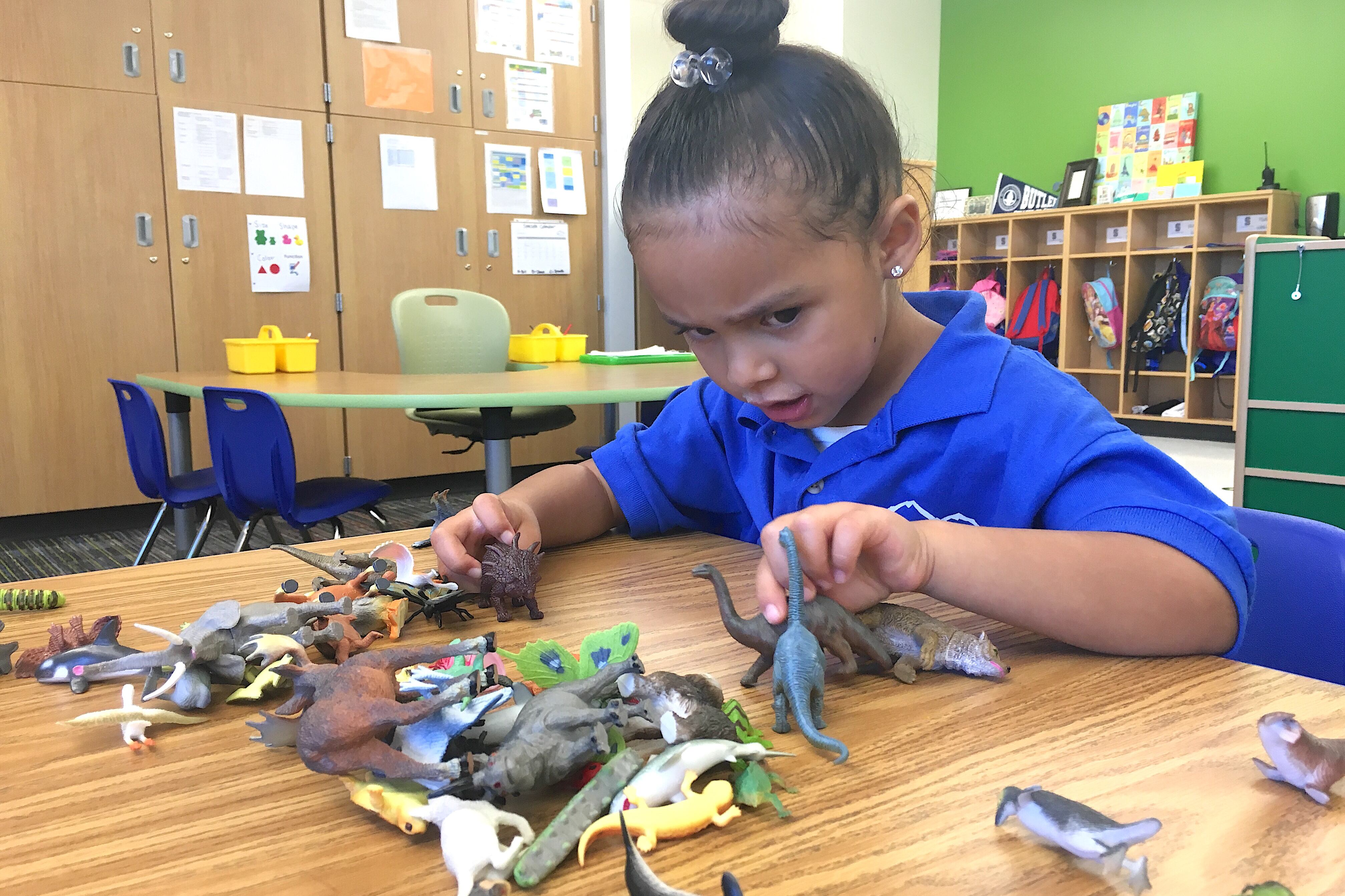 A preschooler at KIPP Northeast Elementary School plays with dinosaurs.