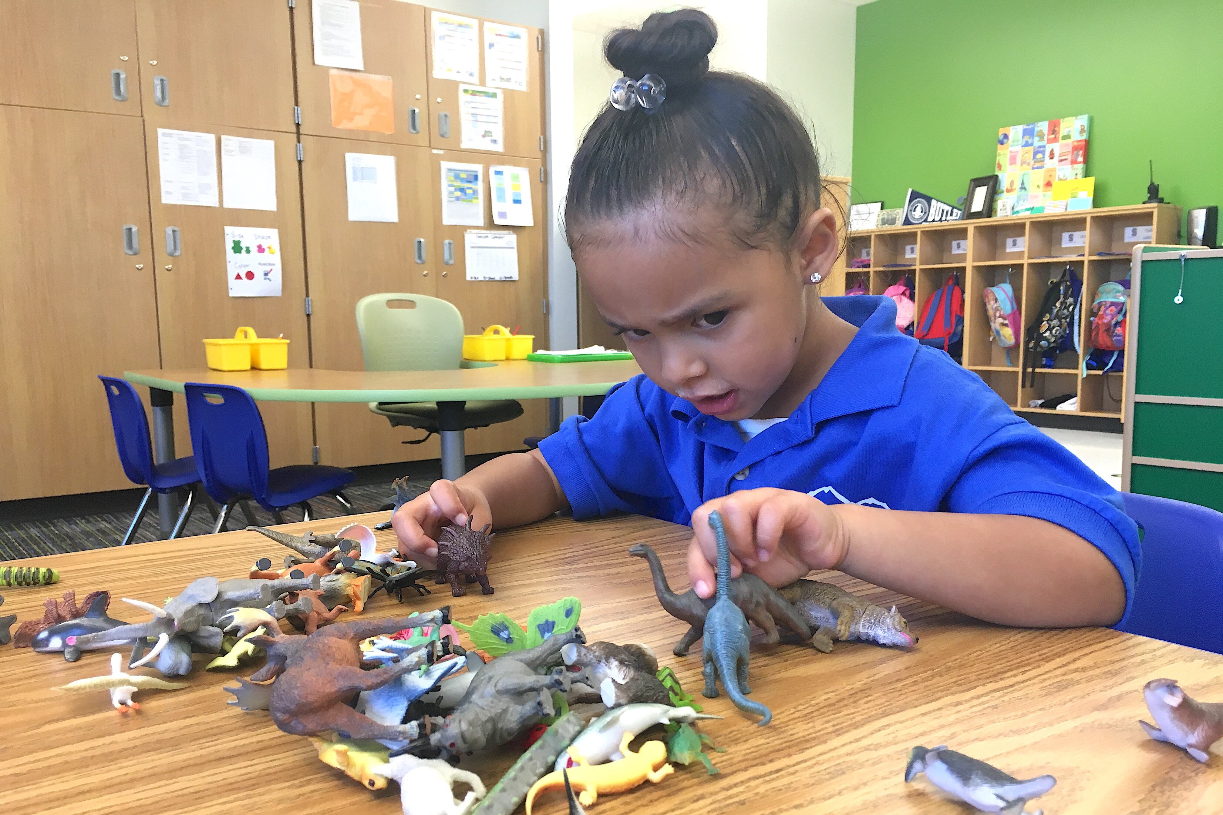 A preschooler at KIPP Northeast Elementary School plays with dinosaurs.