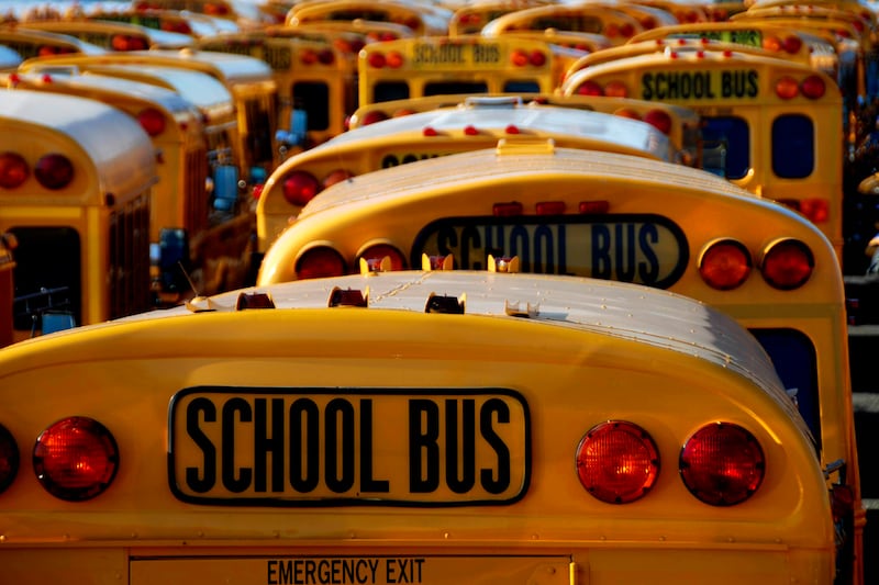 More than a dozen school buses are parked by each other.