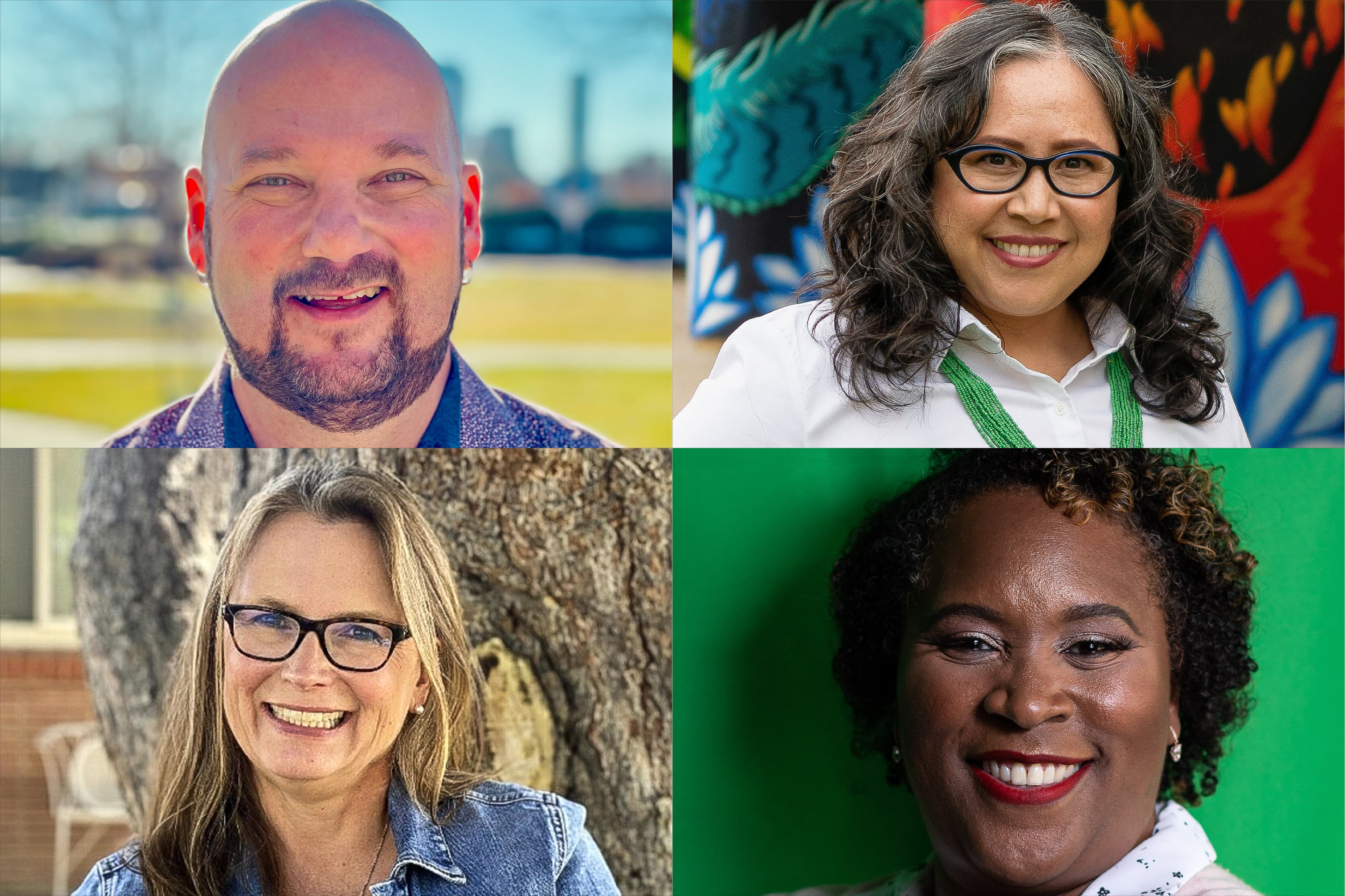 (Top left) A man with a shaved head and manicured beard smiles for a posed portrait outdoors. (Top right) A woman wearing a green necklace, white dress shirt, and glasses smiles for a portrait in front of a brightly-colored mural. (Bottom left) A woman wearing a denim jacket and glasses smiles while leaning against a tree. (Bottom right) A woman with short, curly hair smiles for a portrait against a green background.