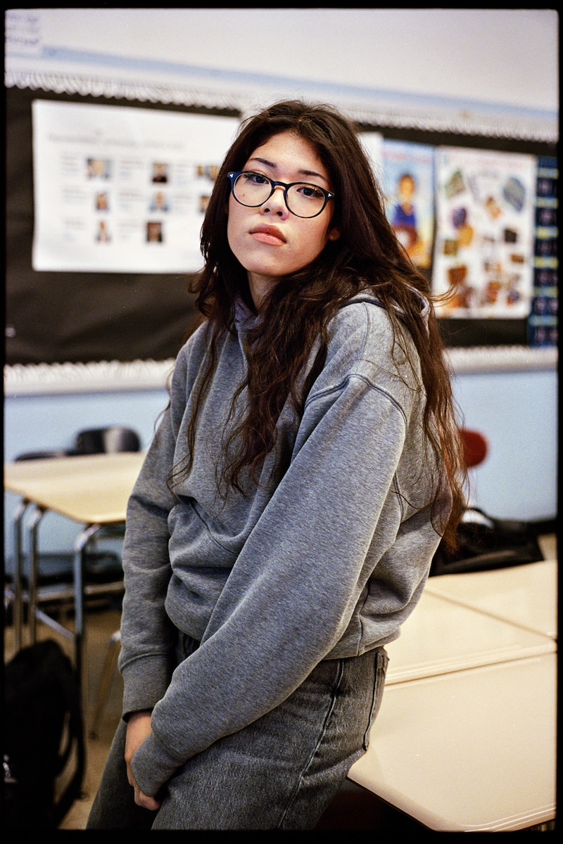 Student Astrid Alayo of Jeremy Kaplan's Advanced Placement U.S. History 11th grade class at the High School for Health Professions and Human Services on Friday, October 11, 2024 in Manhattan, New York.