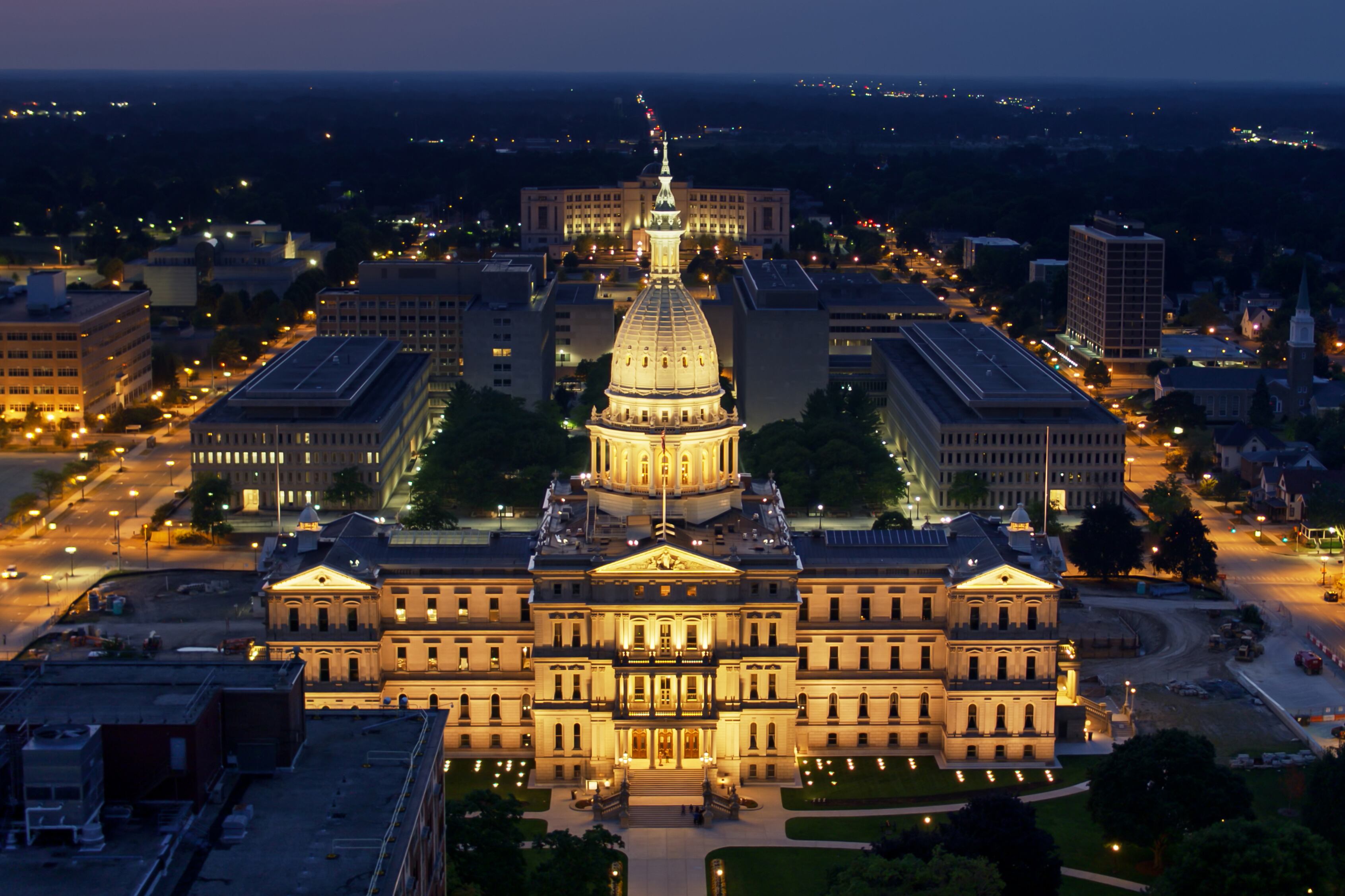 Drone View of Michigan State Capitol Lit Up at Night