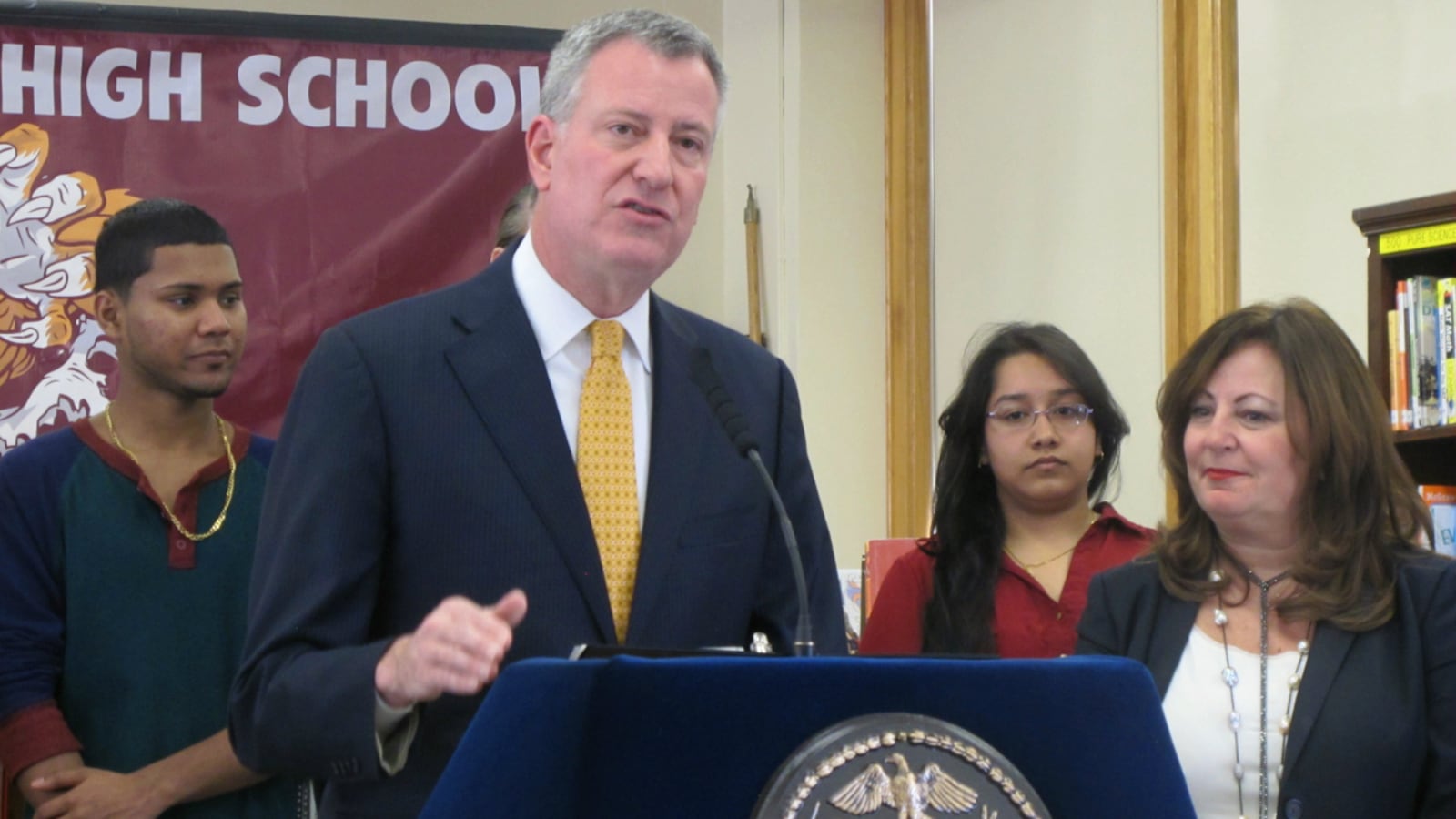 Mayor Bill de Blasio went to Richmond Hill High School in Queens to tout his school turnaround program.