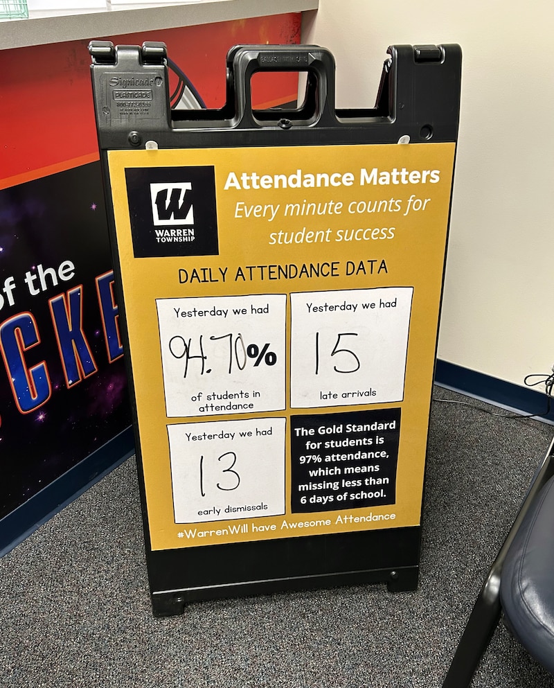 A large sign that talks about attendance stands on the floor with dark, grey carpet.
