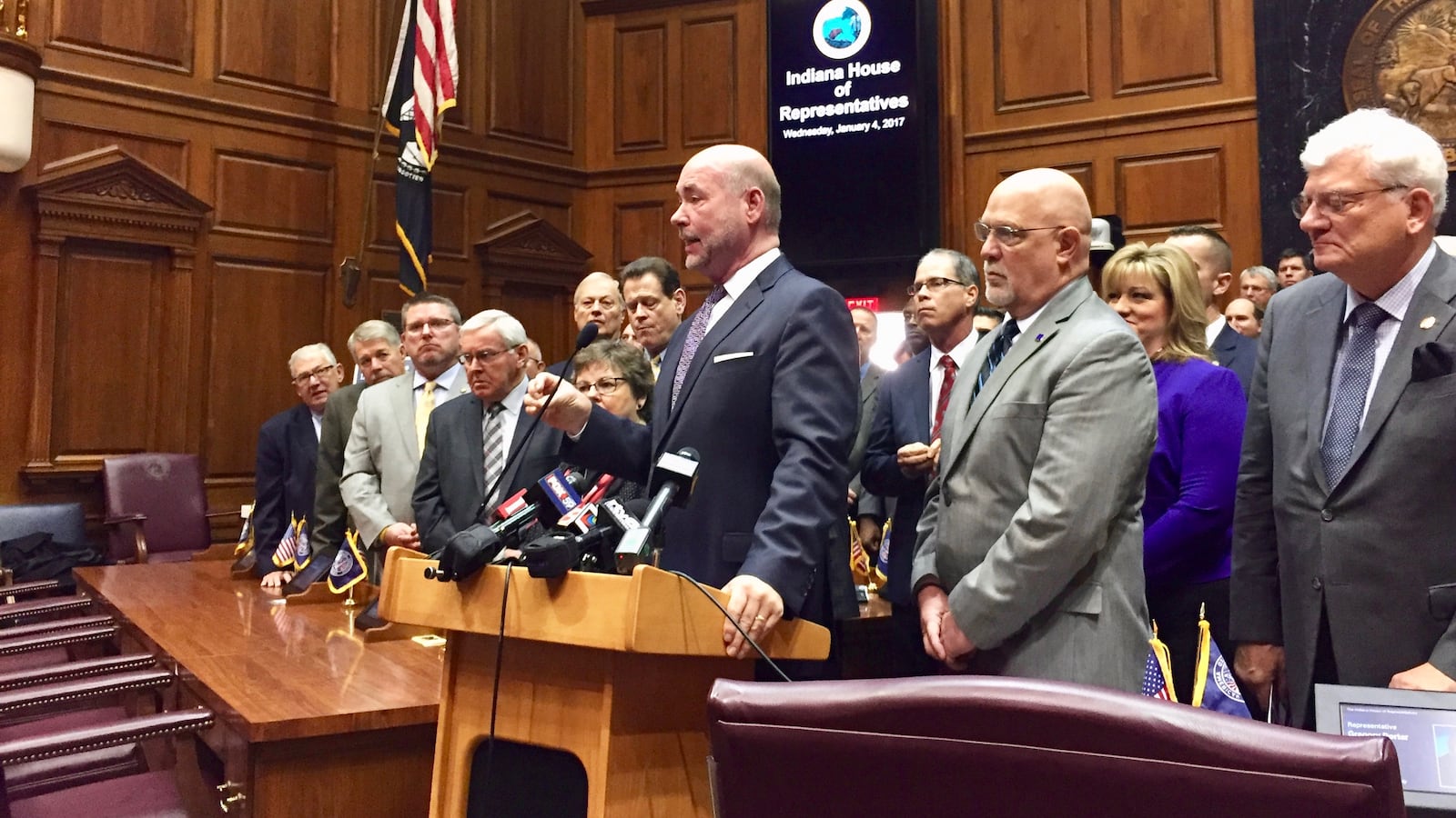 House Speaker Brian Bosma presents legislative priorities for Indiana House Republicans on Wednesday.
