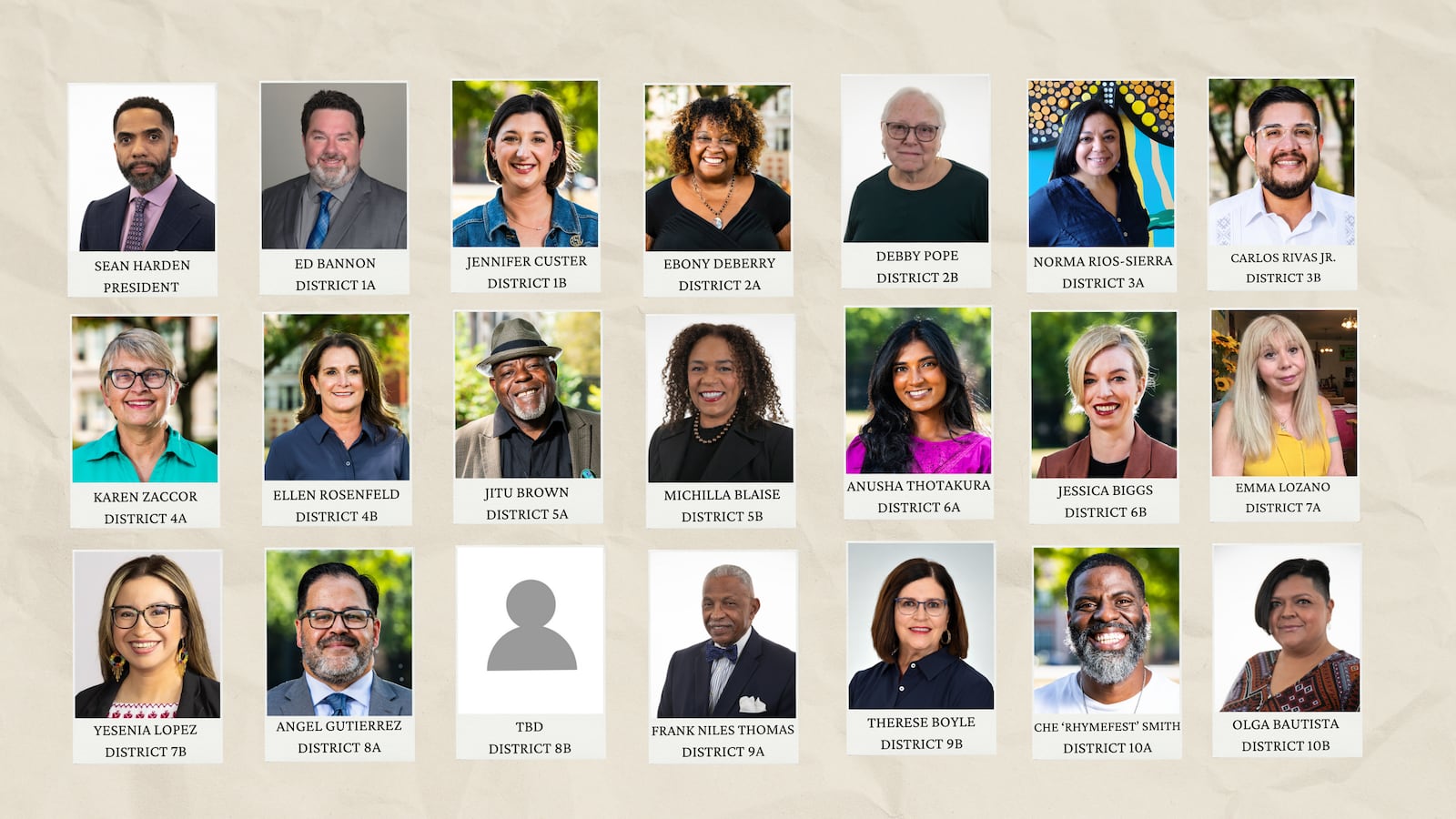 21 square images of portraits and one grey silhouettes on a tan background.