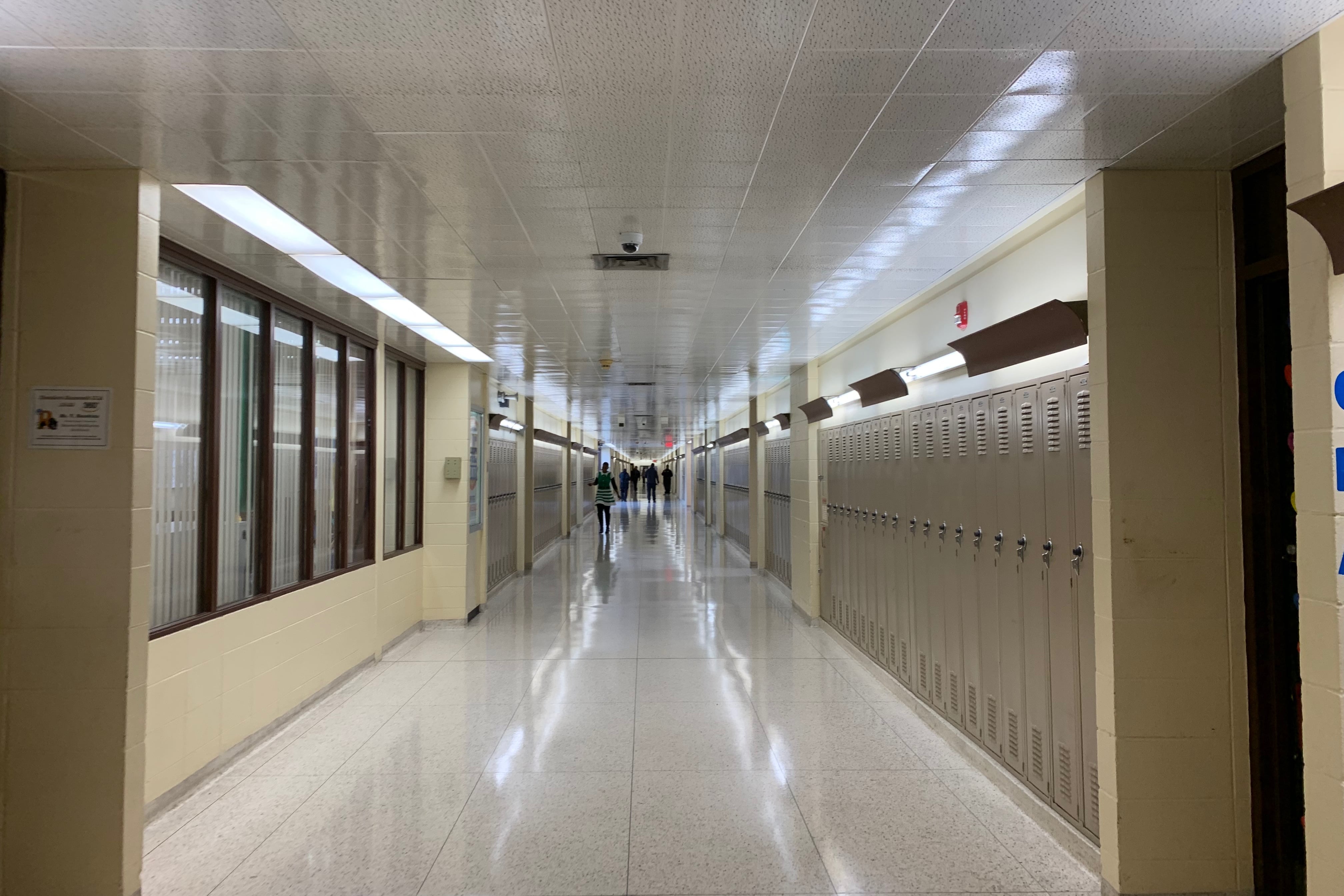 A long, empty hallway in Gary Area Career Center.